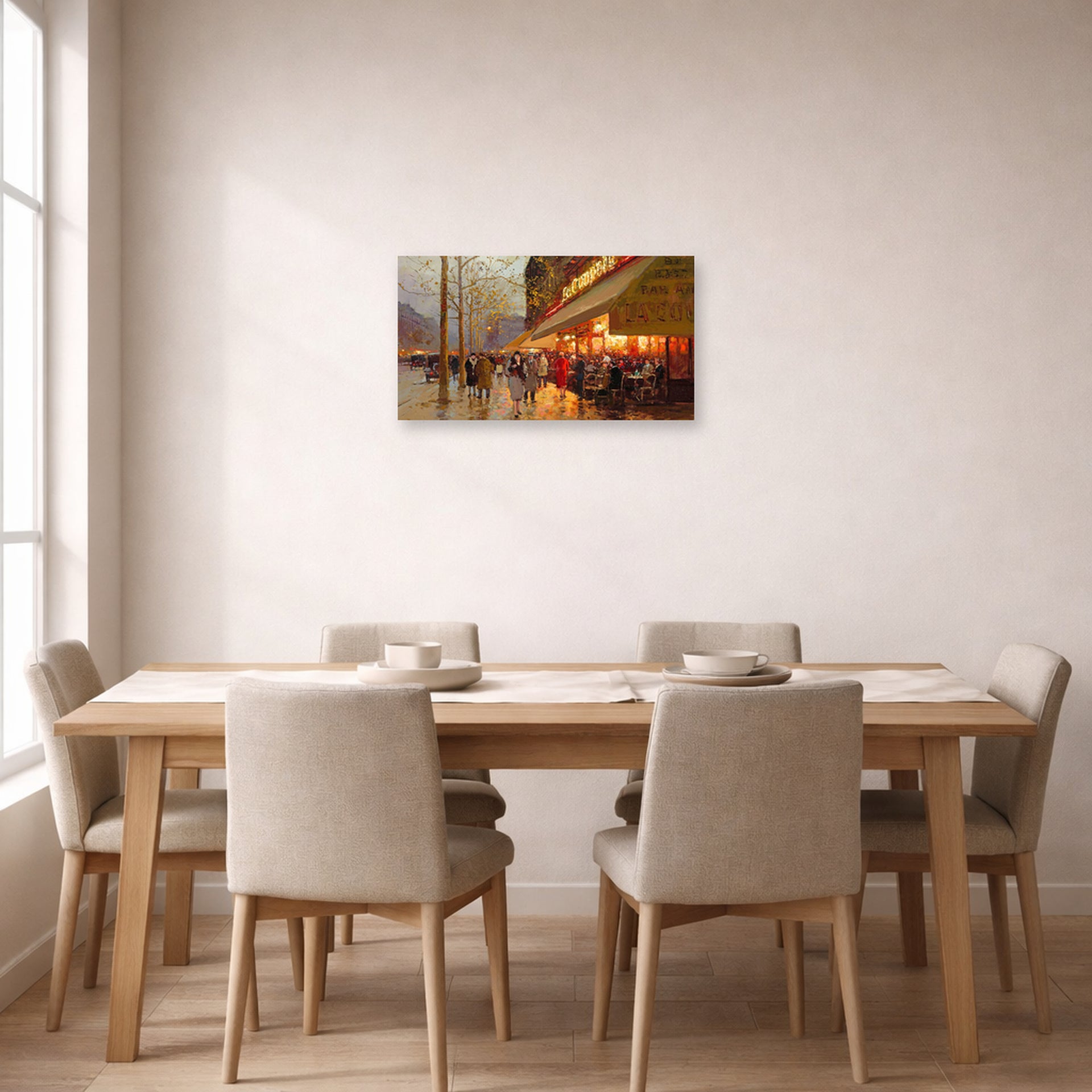 Unframed poster print of Édouard Cortès's La Coupole, Montparnasse displayed on a wall in a dining room