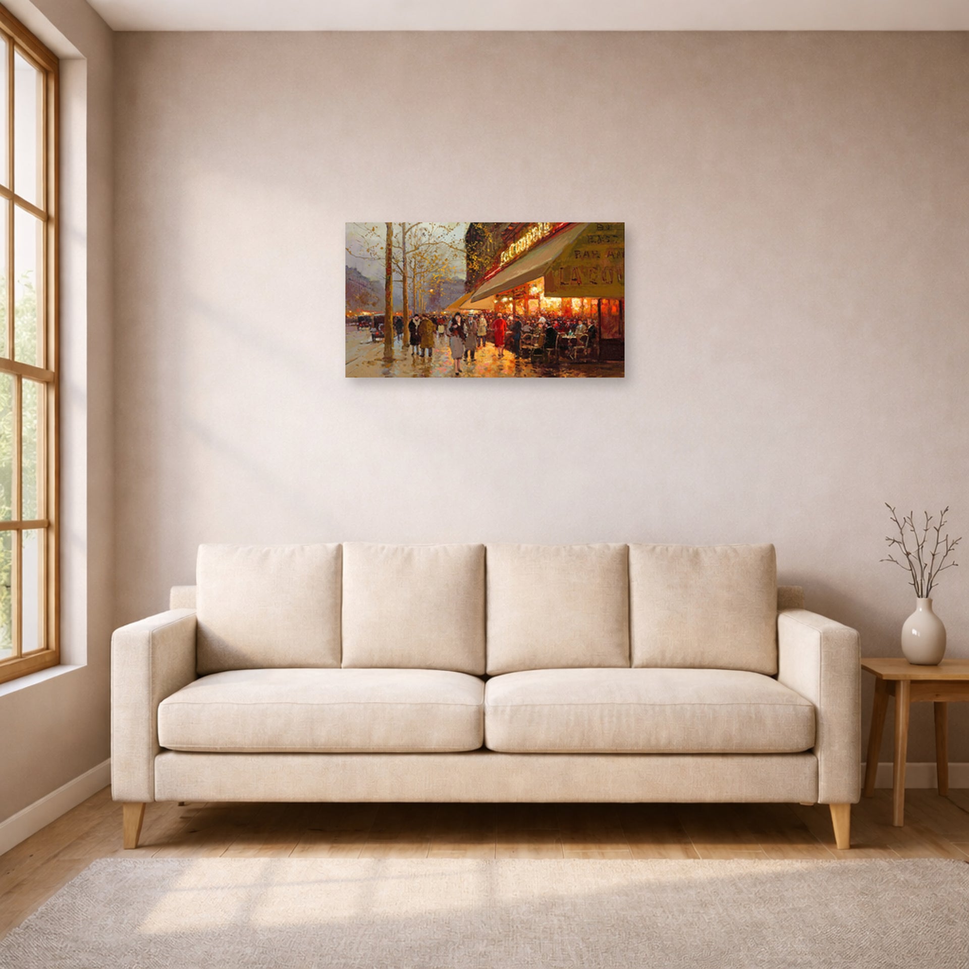 Unframed poster print of Édouard Cortès's La Coupole, Montparnasse displayed on a wall in a living room