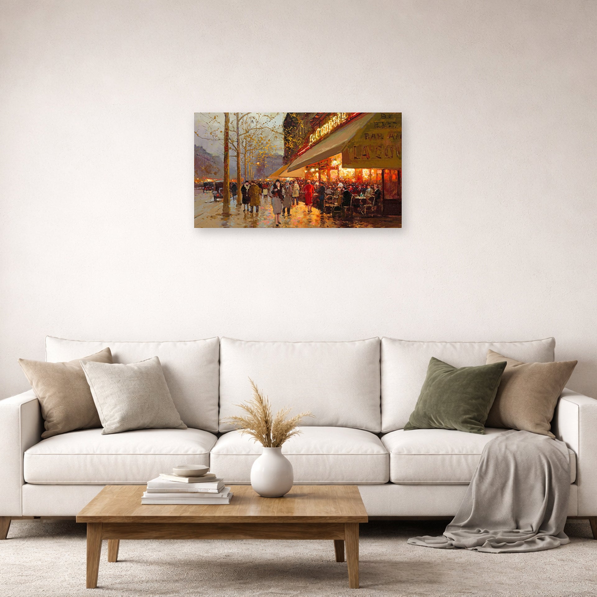 Unframed poster print of Édouard Cortès's La Coupole, Montparnasse displayed on a wall in a living room