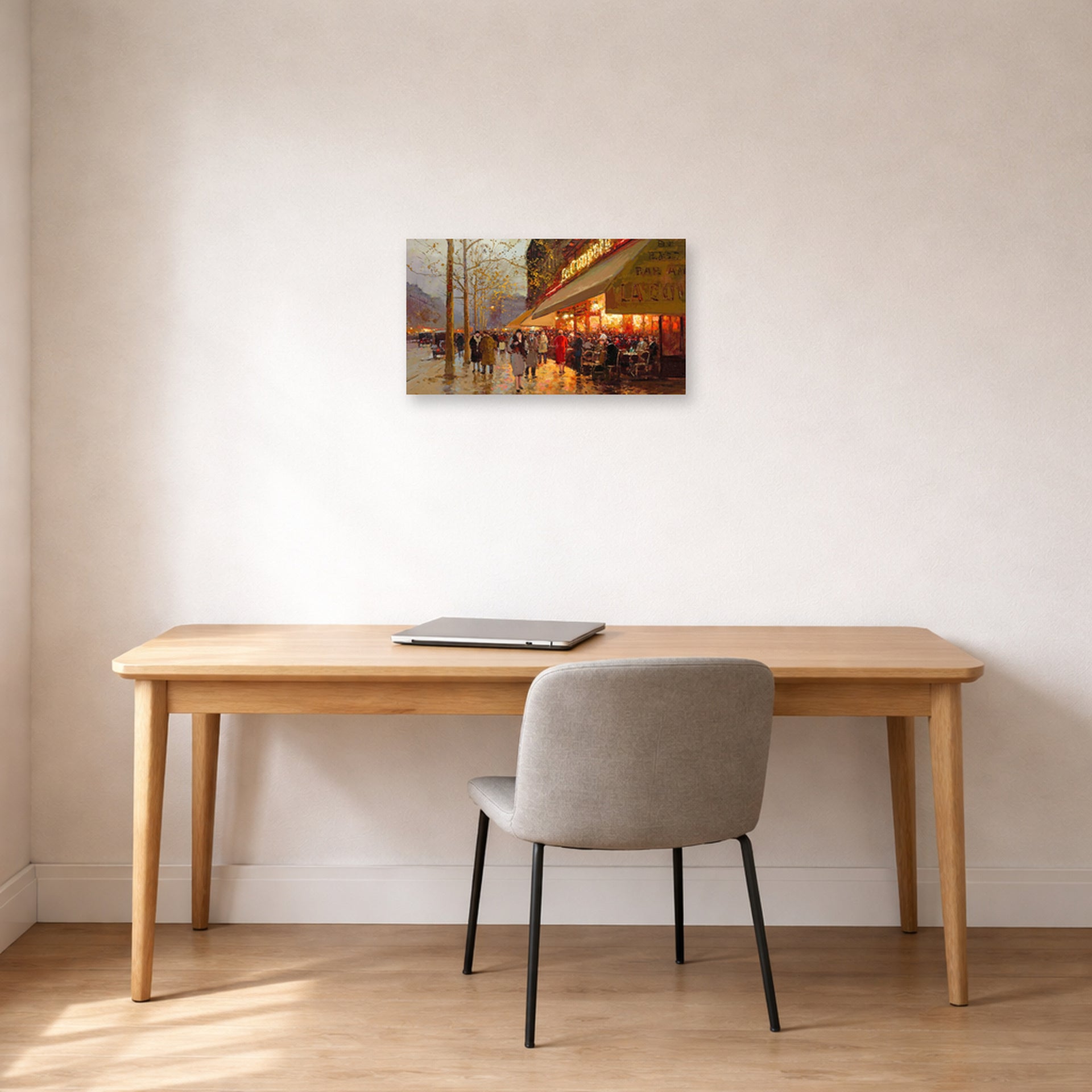 Unframed poster print of Édouard Cortès's La Coupole, Montparnasse displayed on a wall in an office