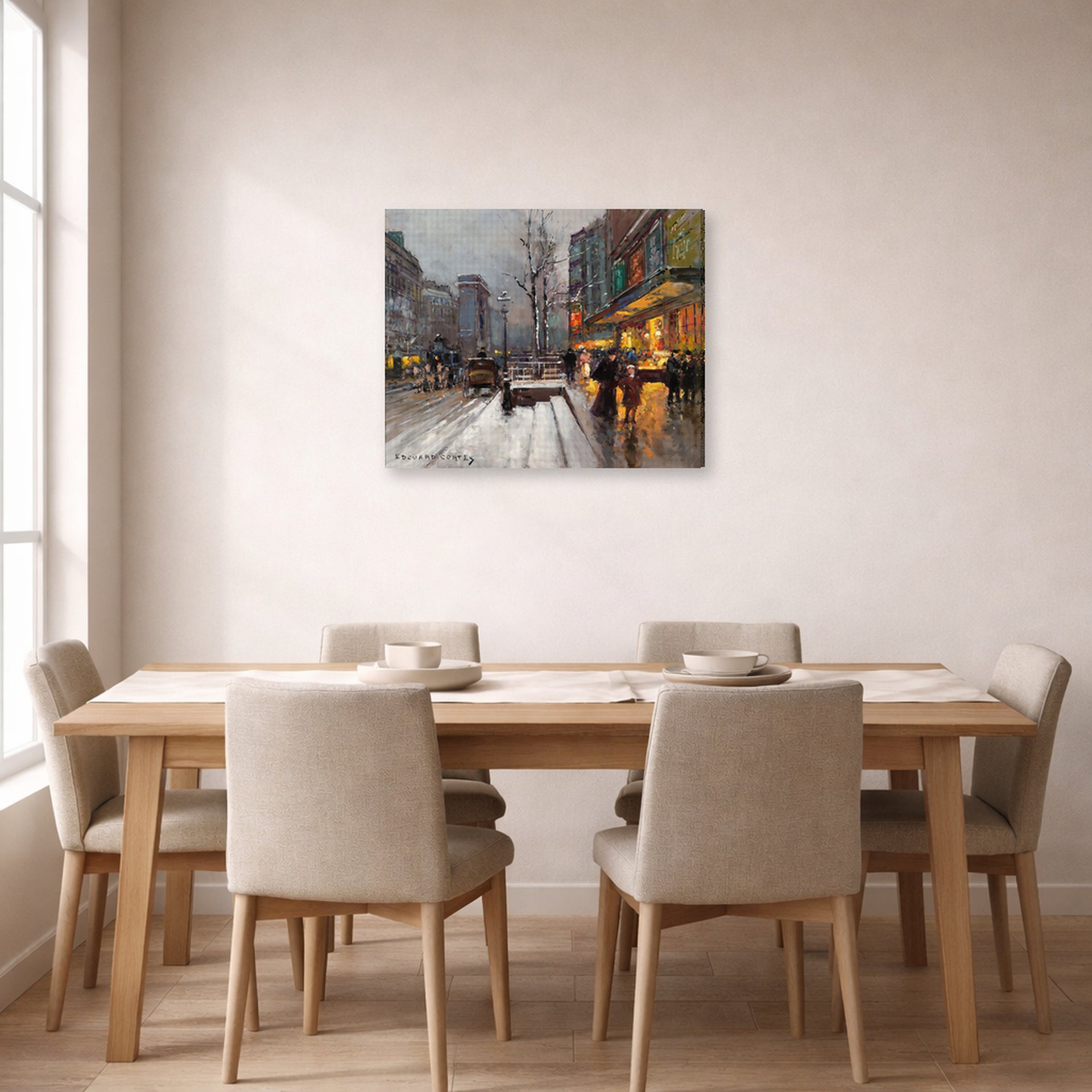 Gallery-wrapped canvas print of Édouard Cortès's Porte St. Martin displayed on a wall in a dining room