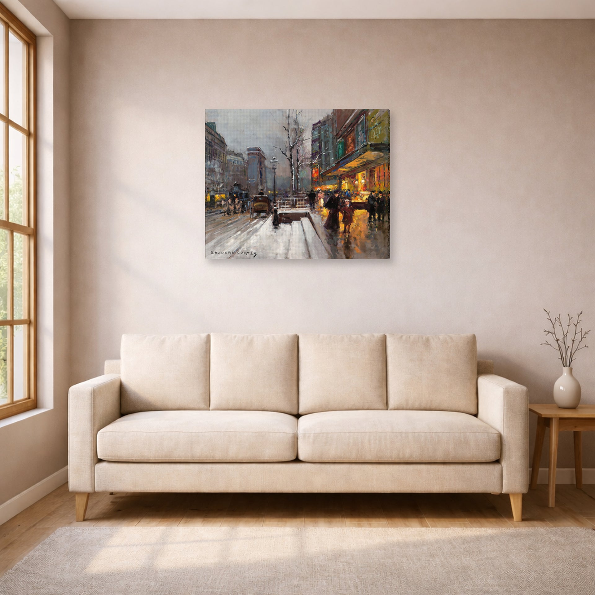 Gallery-wrapped canvas print of Édouard Cortès's Porte St. Martin displayed on a wall in a living room