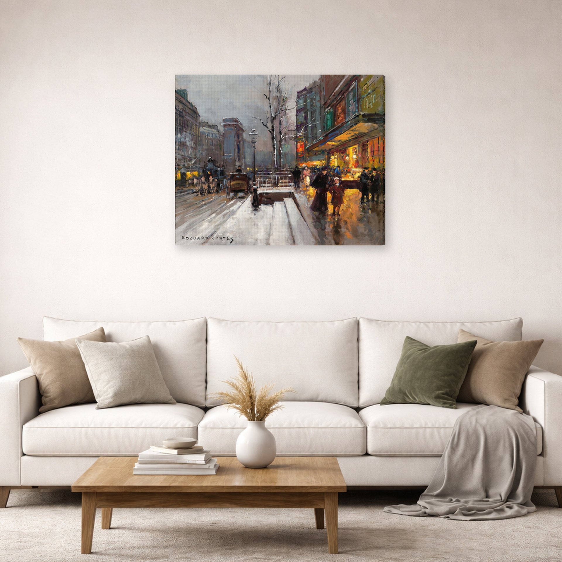 Gallery-wrapped canvas print of Édouard Cortès's Porte St. Martin displayed on a wall in a living room