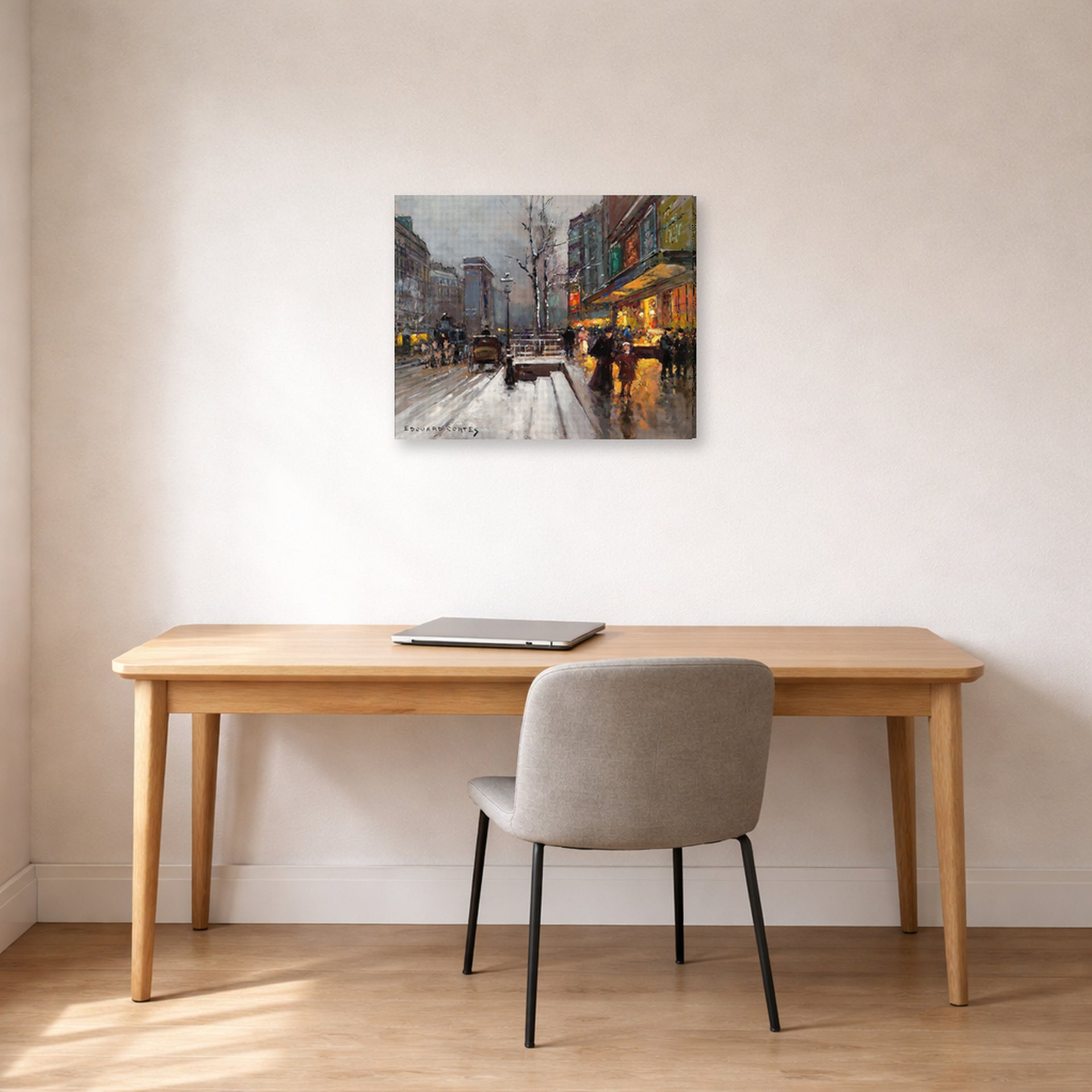 Gallery-wrapped canvas print of Édouard Cortès's Porte St. Martin displayed on a wall in an office