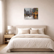 Unframed poster print of Édouard Cortès's Porte St. Martin displayed on a wall in a bedroom