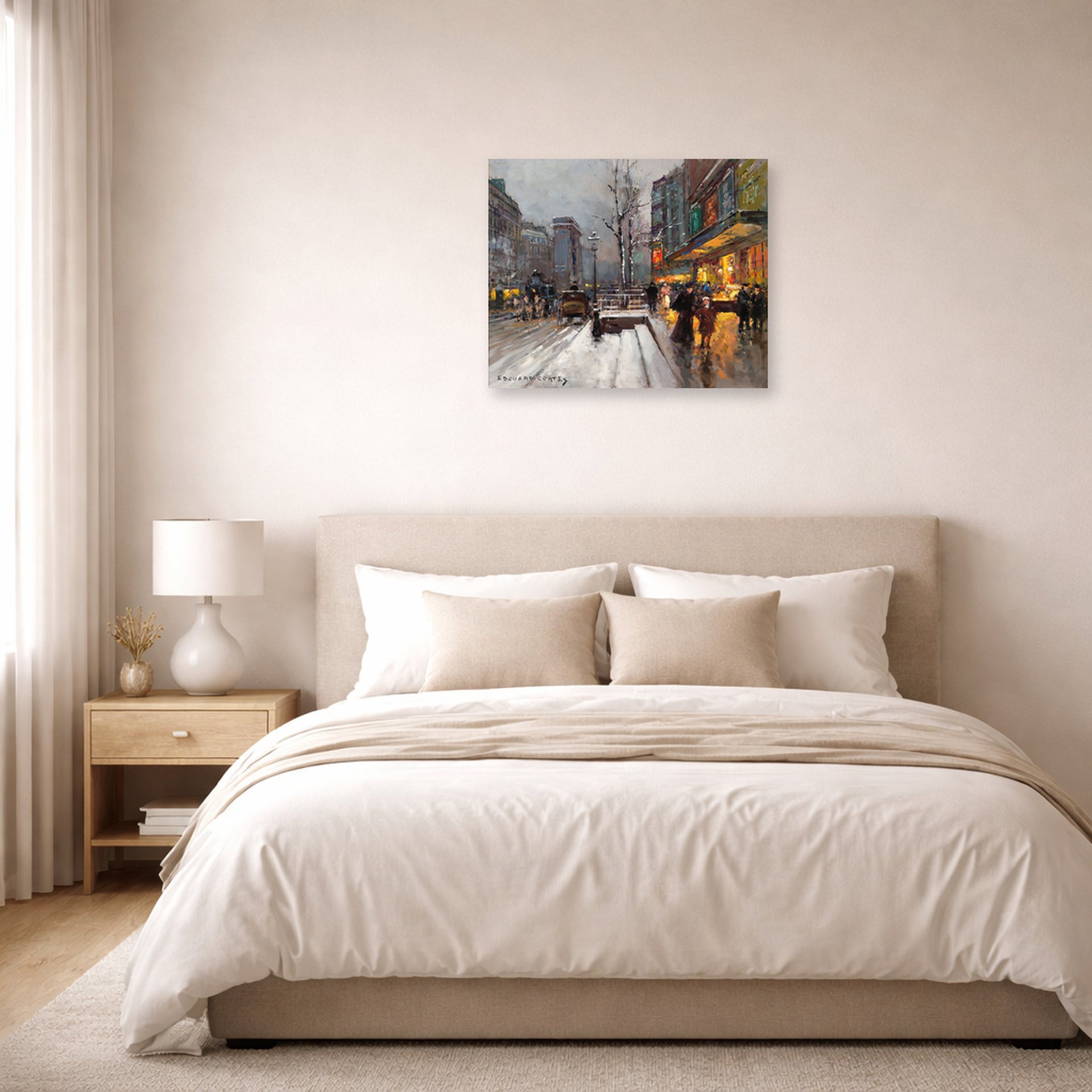 Unframed poster print of Édouard Cortès's Porte St. Martin displayed on a wall in a bedroom