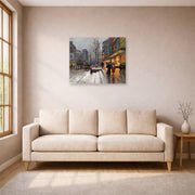 Unframed poster print of Édouard Cortès's Porte St. Martin displayed on a wall in a living room