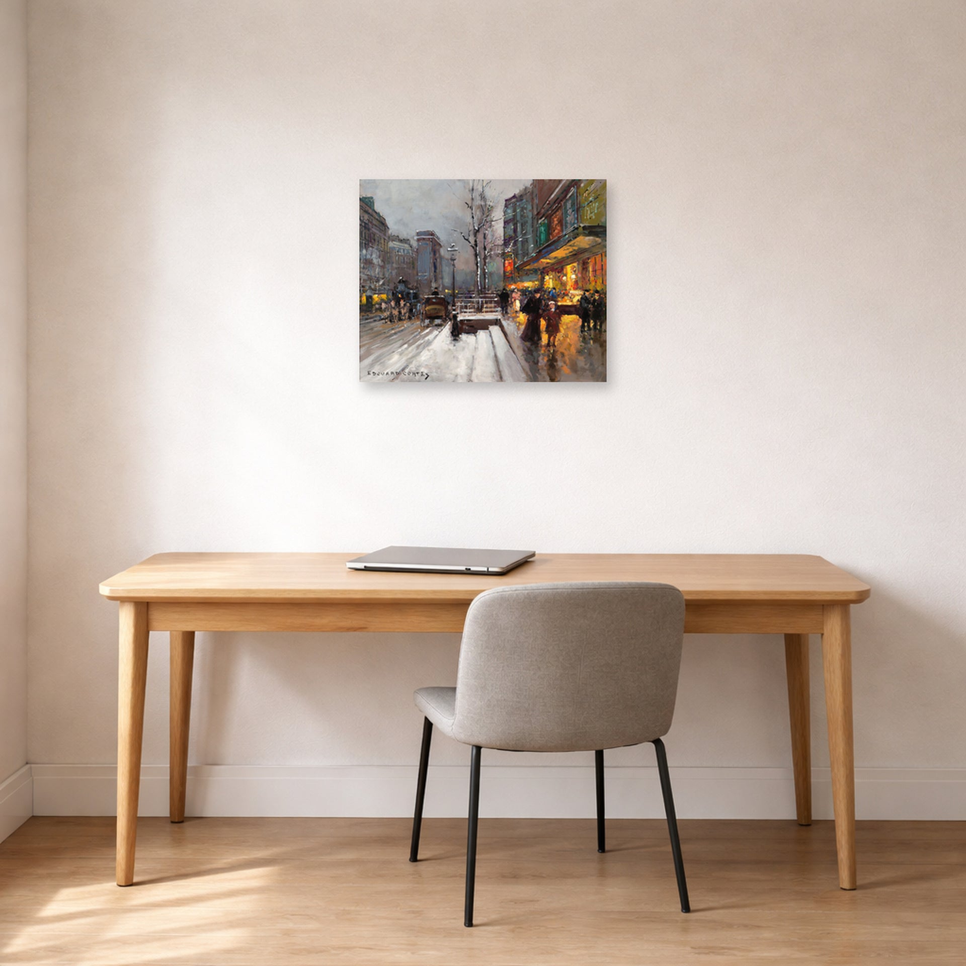 Unframed poster print of Édouard Cortès's Porte St. Martin displayed on a wall in an office