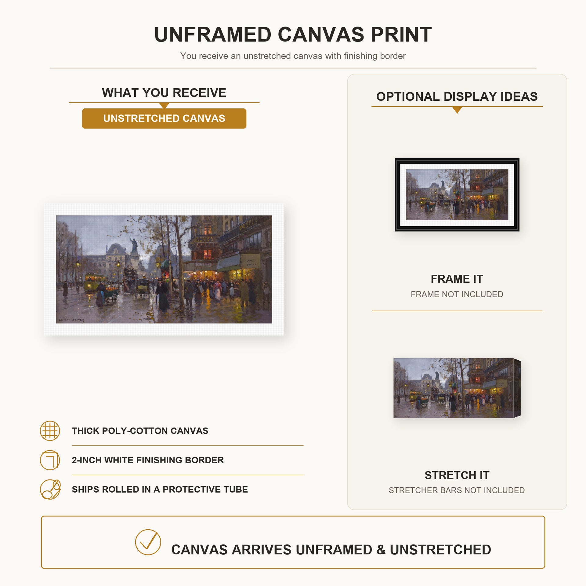 Édouard Cortès - Republic Square canvas print size comparison and framing display infographic