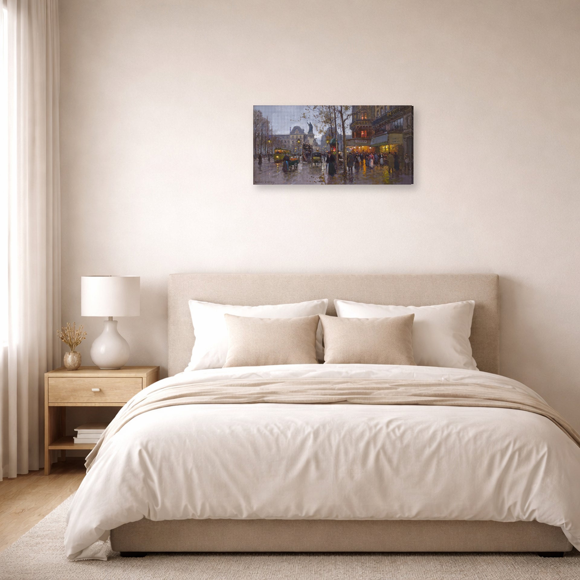 Gallery-wrapped canvas print of Édouard Cortès's Republic Square displayed on a wall in a bedroom