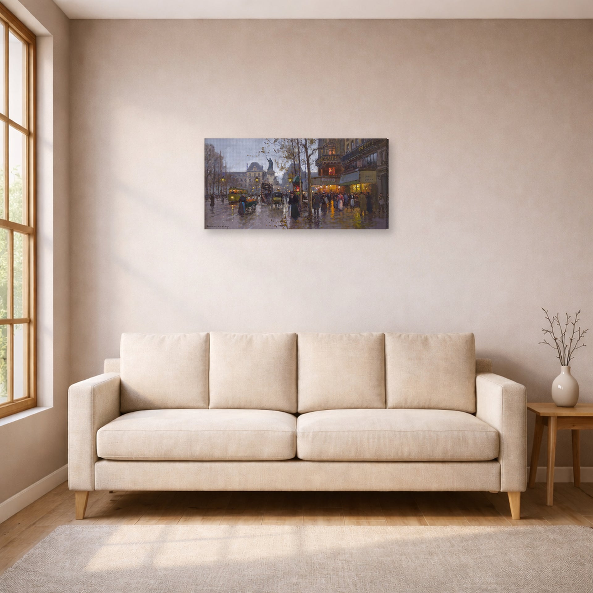 Gallery-wrapped canvas print of Édouard Cortès's Republic Square displayed on a wall in a living room