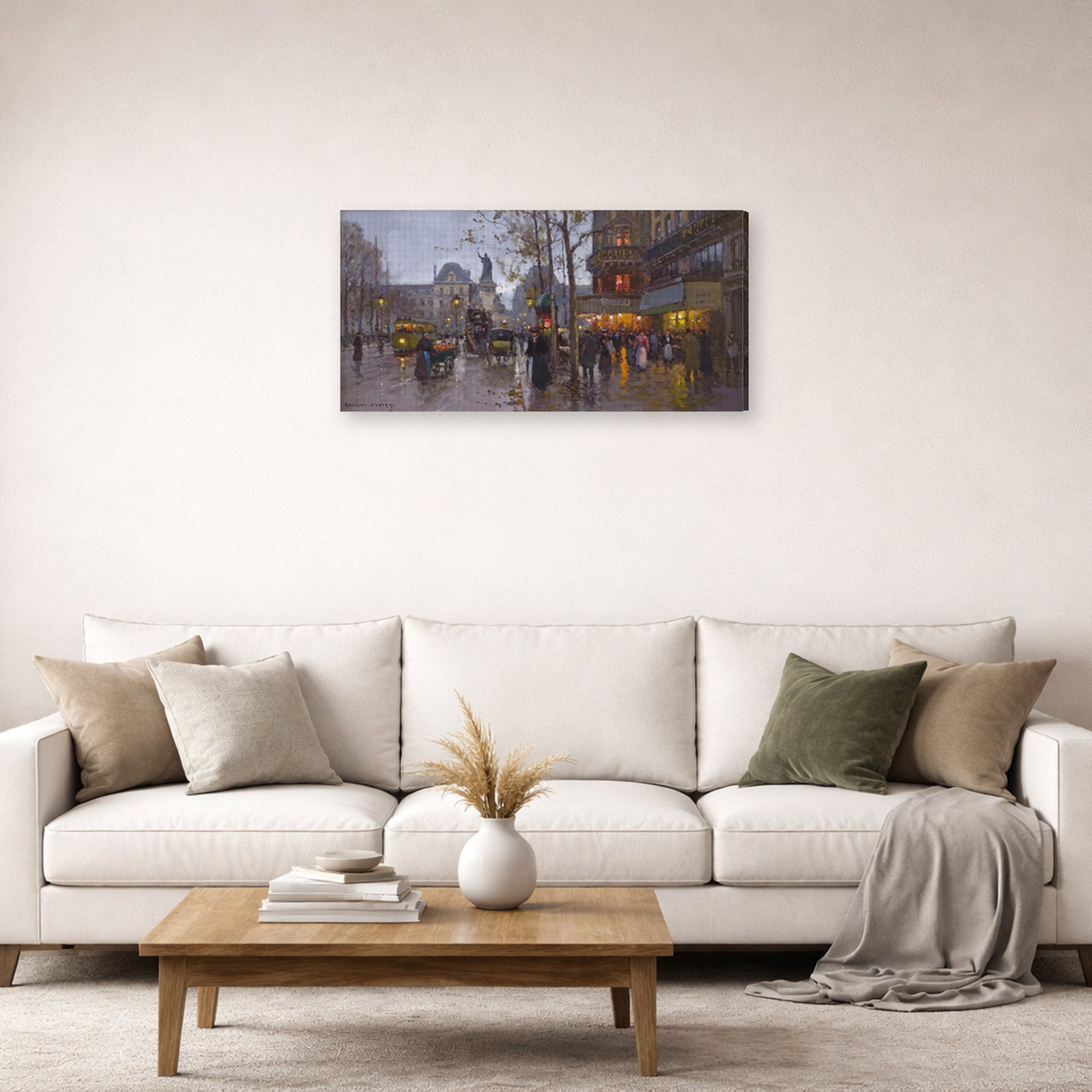 Gallery-wrapped canvas print of Édouard Cortès's Republic Square displayed on a wall in a living room