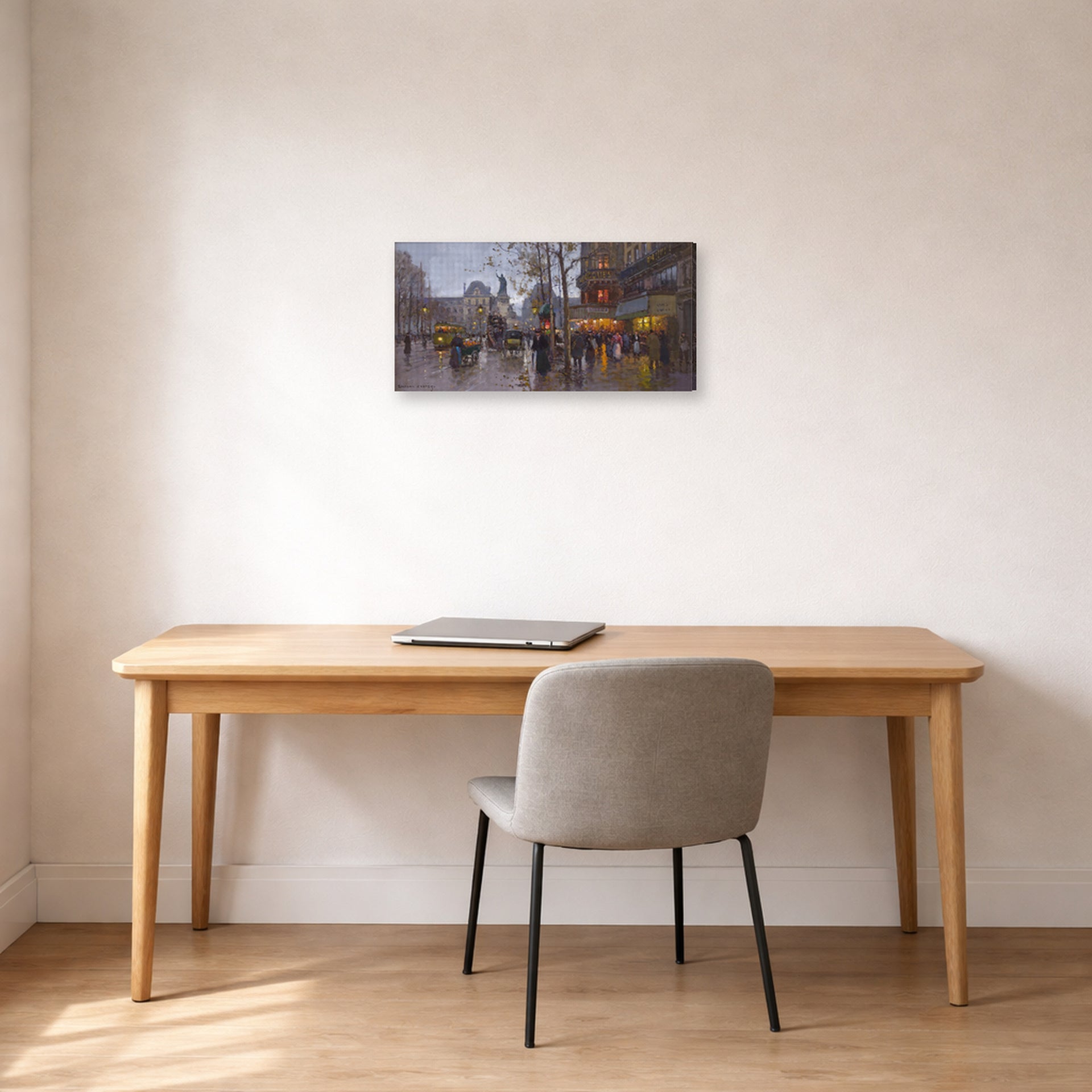 Gallery-wrapped canvas print of Édouard Cortès's Republic Square displayed on a wall in an office