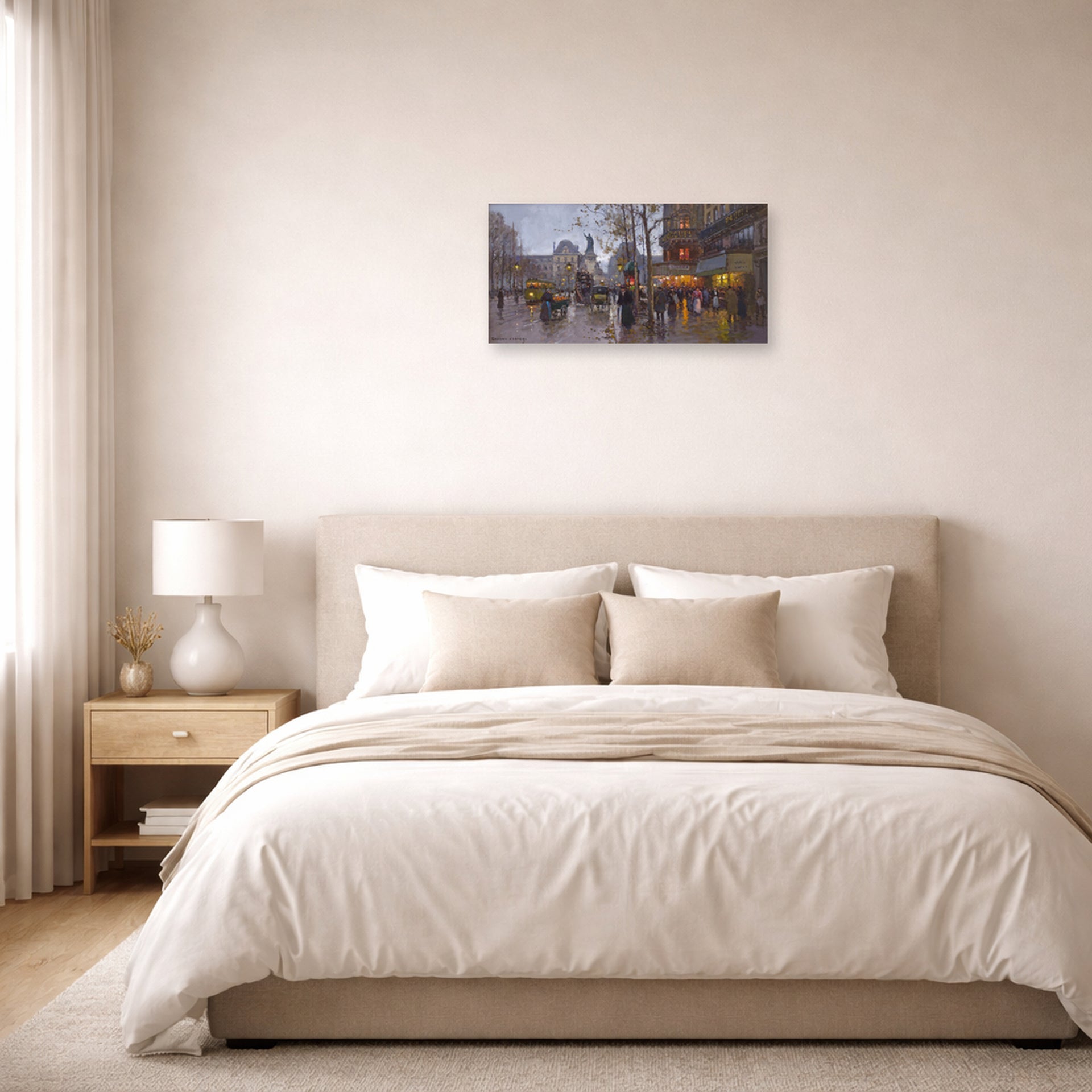 Unframed poster print of Édouard Cortès's Republic Square displayed on a wall in a bedroom