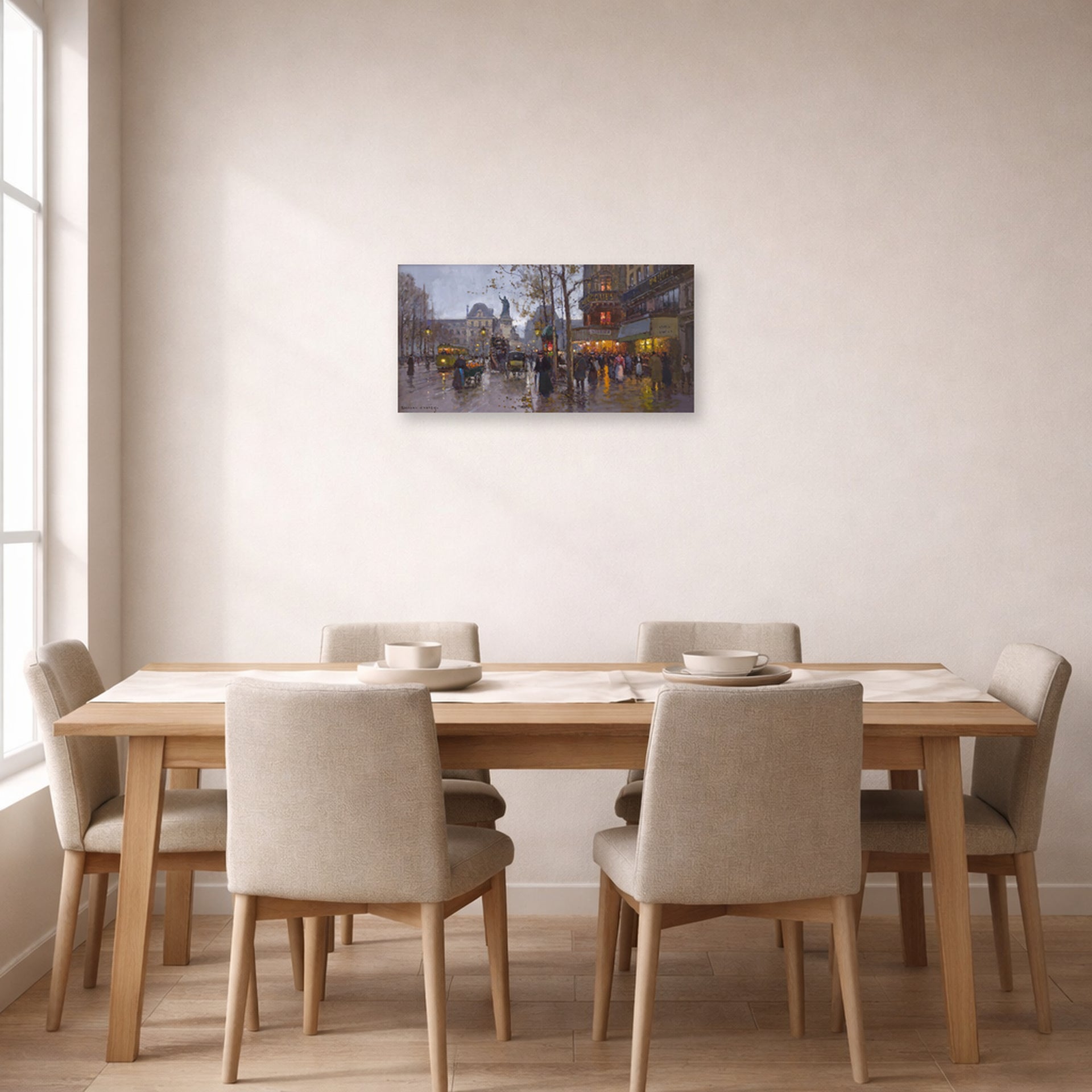 Unframed poster print of Édouard Cortès's Republic Square displayed on a wall in a dining room
