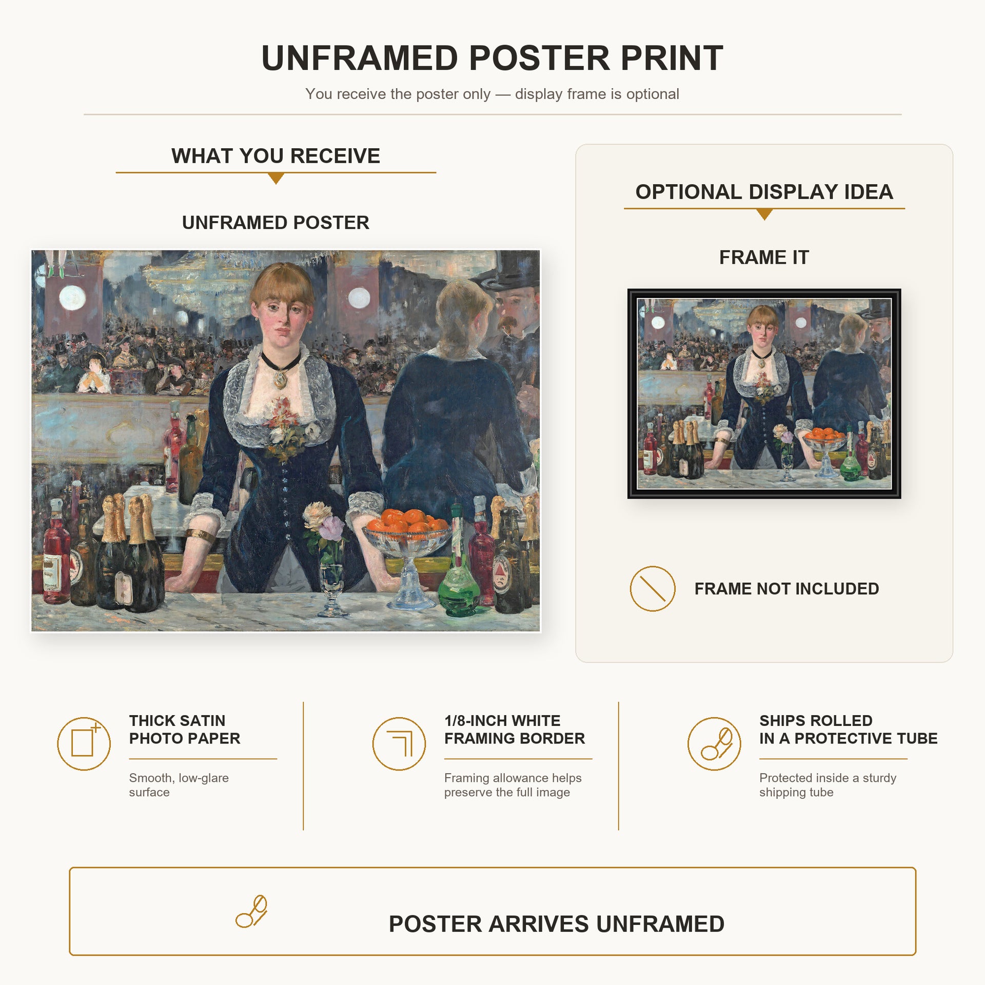 Edouard Manet - A Bar at the Folies-Bergère poster print size comparison and framing display infographic