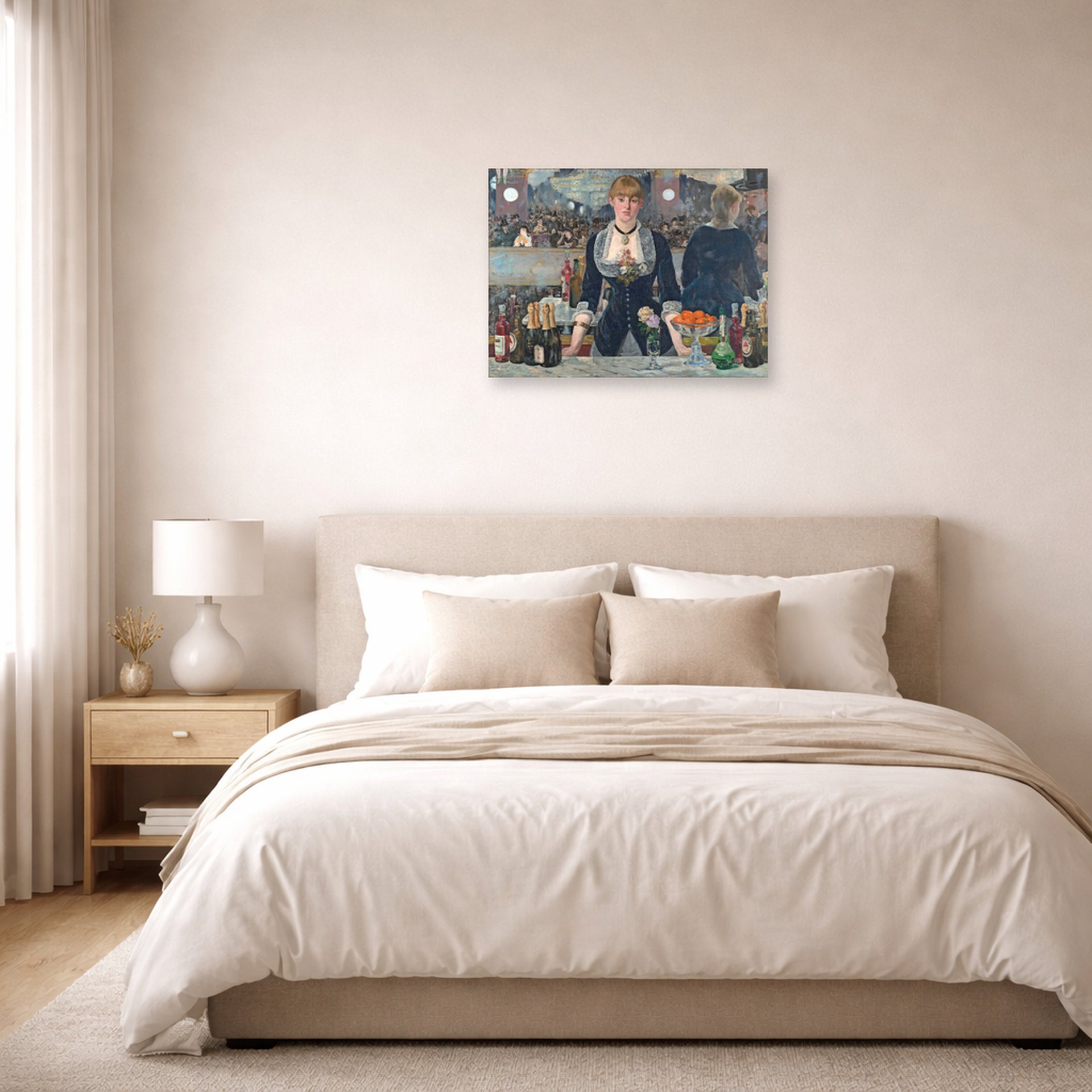 Unframed poster print of Edouard Manet's 'A Bar at the Folies-Bergère' displayed on a wall in a bedroom