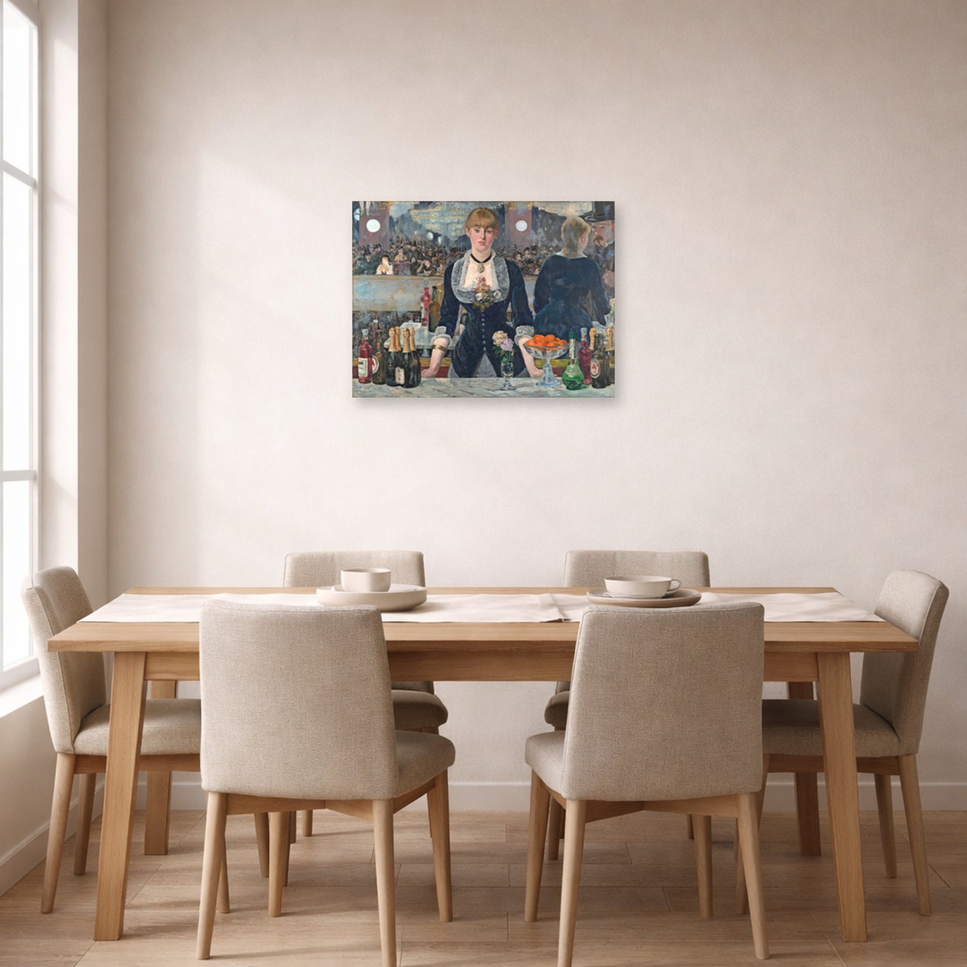 Unframed poster print of Edouard Manet's 'A Bar at the Folies-Bergère' displayed on a wall in a dining room