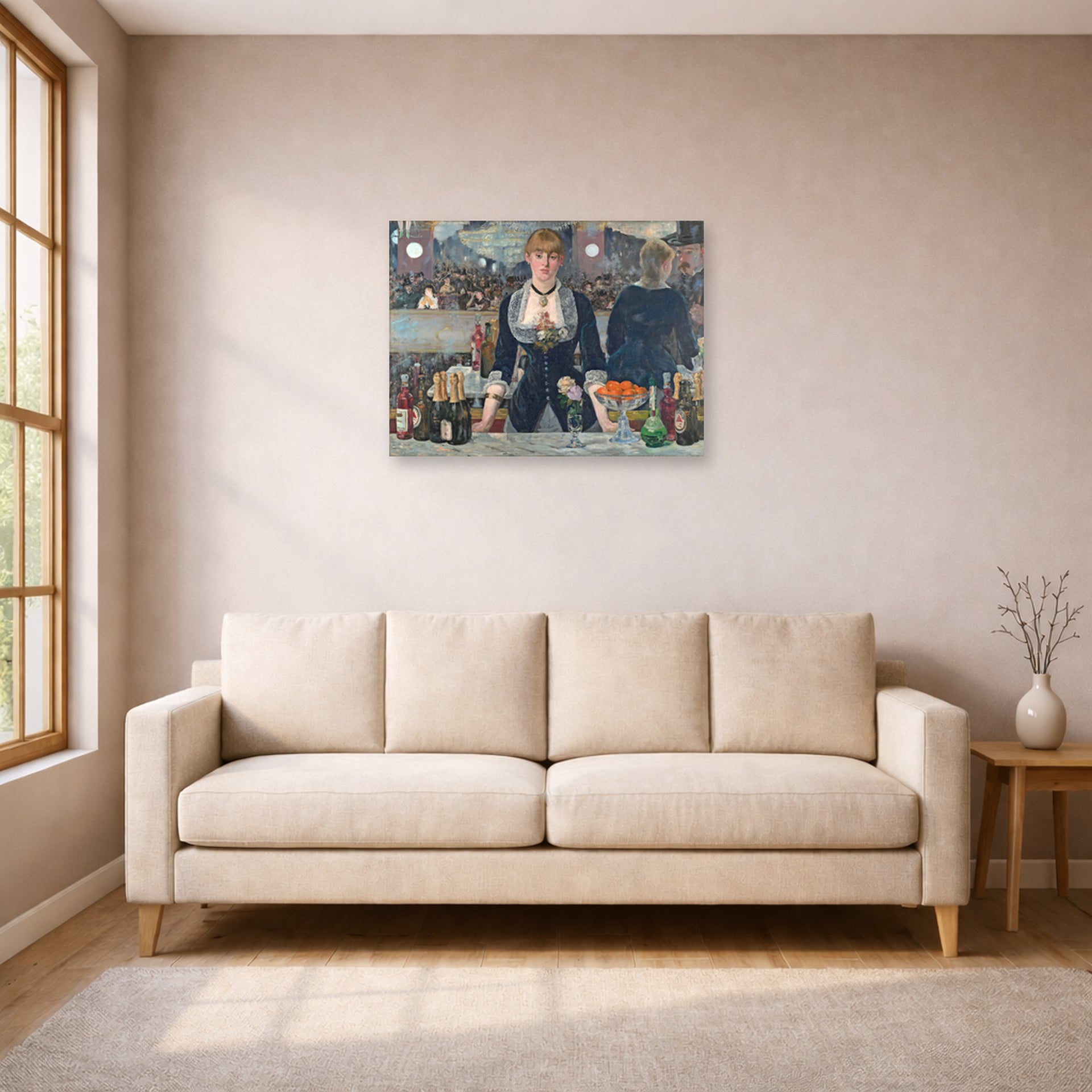 Unframed poster print of Edouard Manet's 'A Bar at the Folies-Bergère' displayed on a wall in a living room