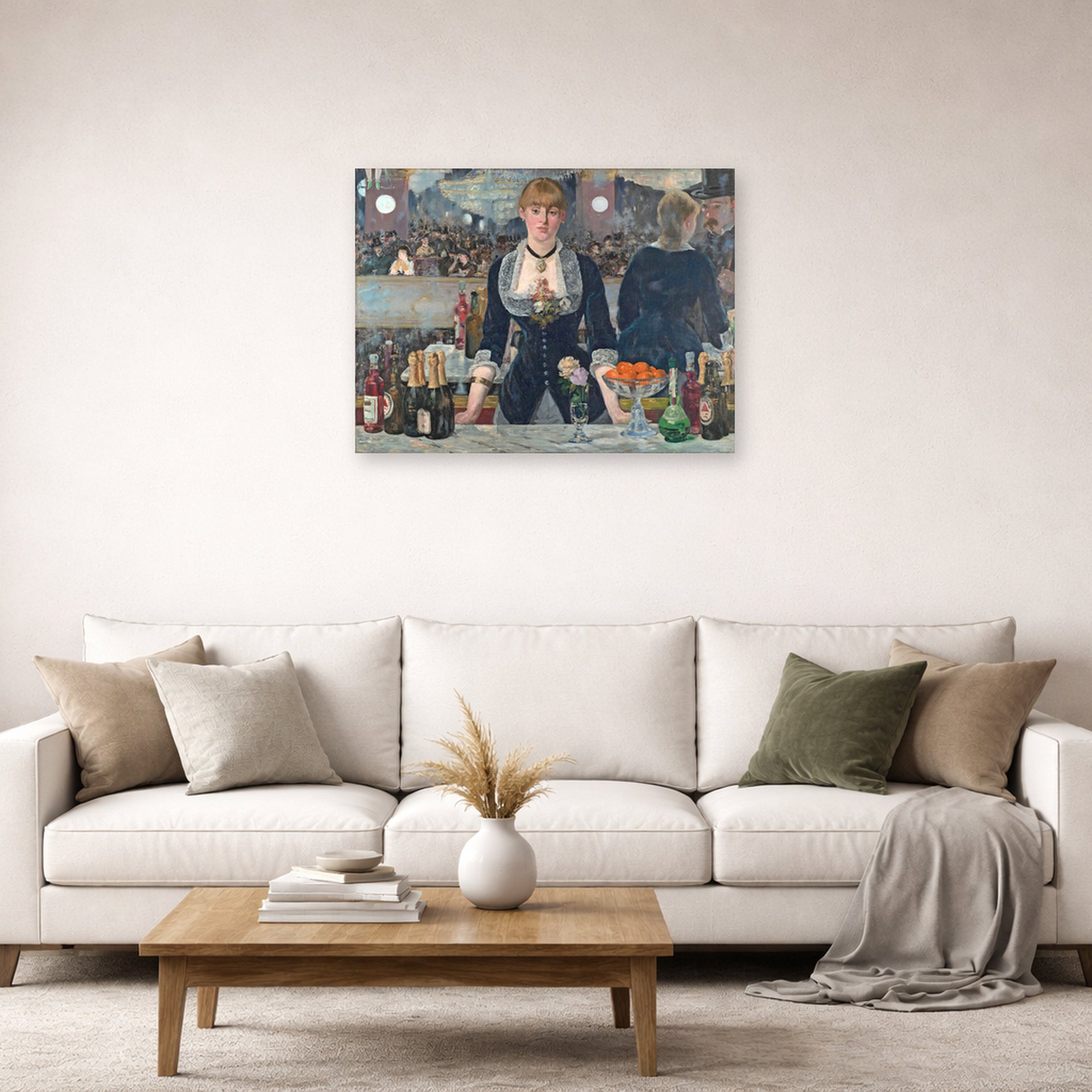Unframed poster print of Edouard Manet's 'A Bar at the Folies-Bergère' displayed on a wall in a living room