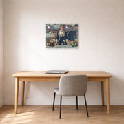 Unframed poster print of Edouard Manet's 'A Bar at the Folies-Bergère' displayed on a wall in a home office