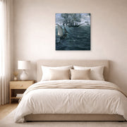 Gallery-wrapped canvas print of Edouard Manet's 'Battle of the Kearsarge and the Alabama' displayed on a wall in a bedroom