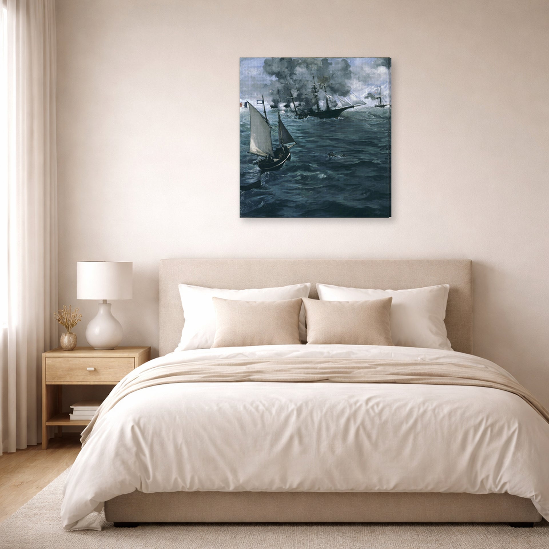 Gallery-wrapped canvas print of Edouard Manet's 'Battle of the Kearsarge and the Alabama' displayed on a wall in a bedroom