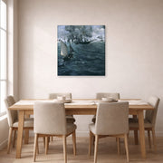 Gallery-wrapped canvas print of Edouard Manet's 'Battle of the Kearsarge and the Alabama' displayed on a wall in a dining room