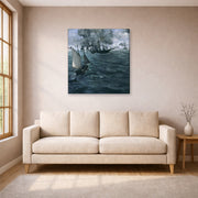 Gallery-wrapped canvas print of Edouard Manet's 'Battle of the Kearsarge and the Alabama' displayed on a wall in a living room