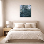 Unframed poster print of Edouard Manet's 'Battle of the Kearsarge and the Alabama' displayed on a wall in a bedroom