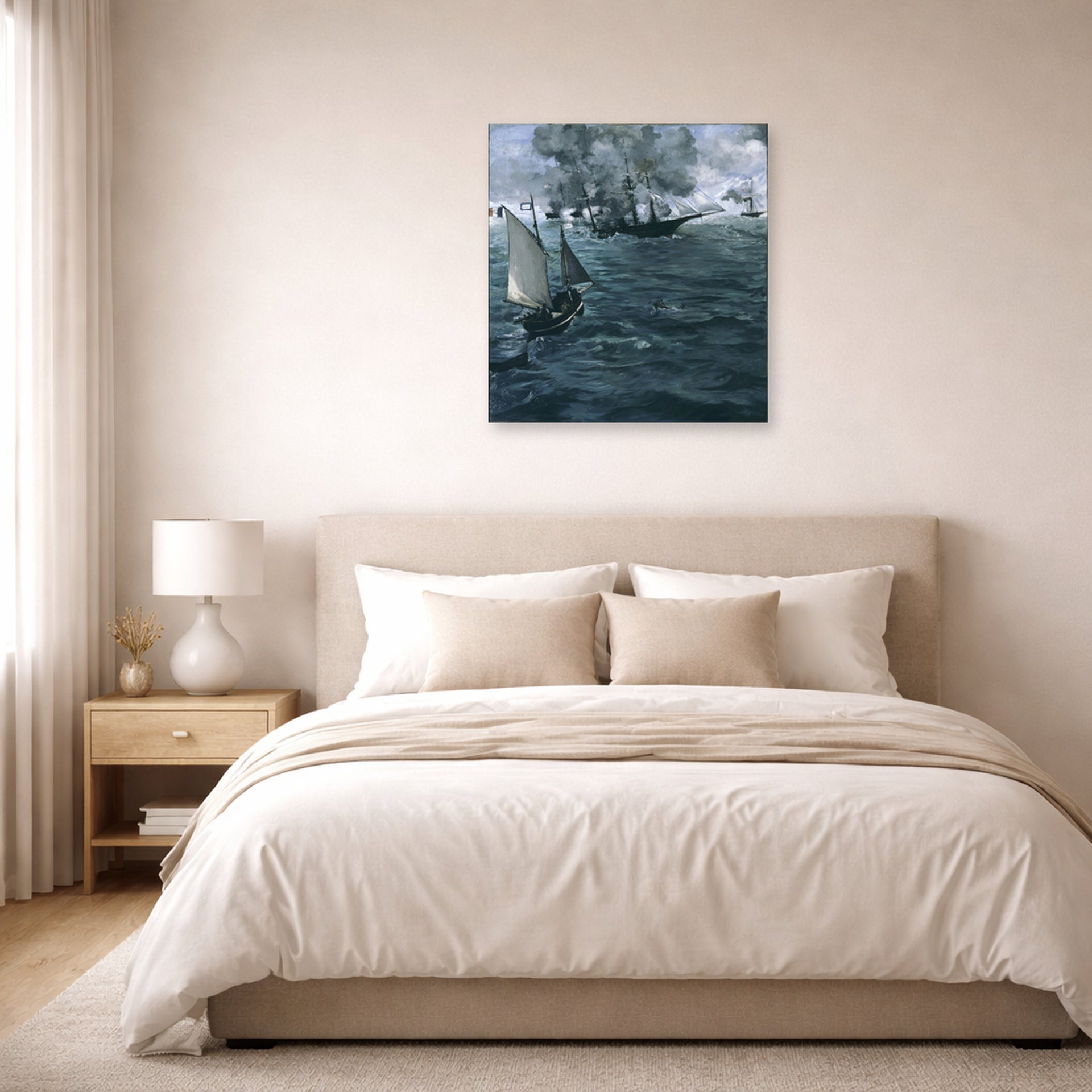 Unframed poster print of Edouard Manet's 'Battle of the Kearsarge and the Alabama' displayed on a wall in a bedroom