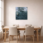 Unframed poster print of Edouard Manet's 'Battle of the Kearsarge and the Alabama' displayed on a wall in a dining room
