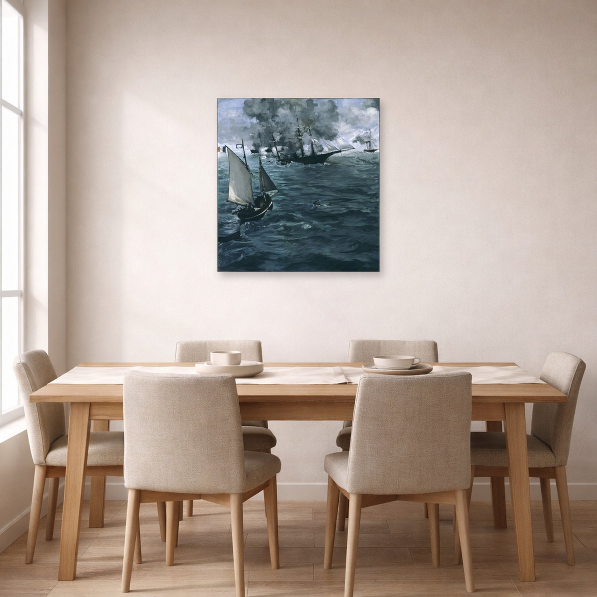 Unframed poster print of Edouard Manet's 'Battle of the Kearsarge and the Alabama' displayed on a wall in a dining room