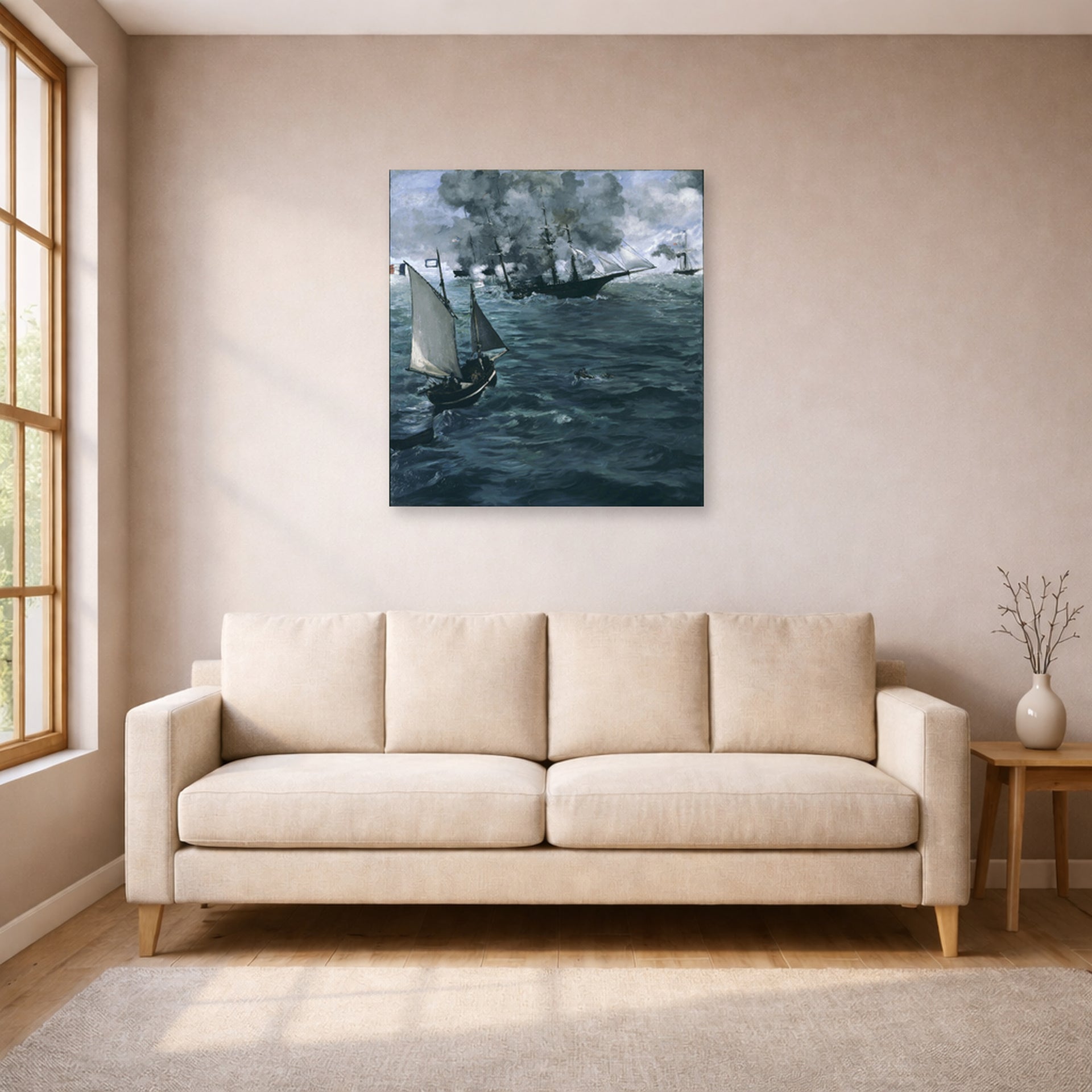 Unframed poster print of Edouard Manet's 'Battle of the Kearsarge and the Alabama' displayed on a wall in a living room