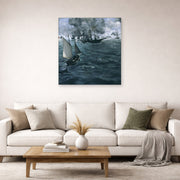 Unframed poster print of Edouard Manet's 'Battle of the Kearsarge and the Alabama' displayed on a wall in a living room