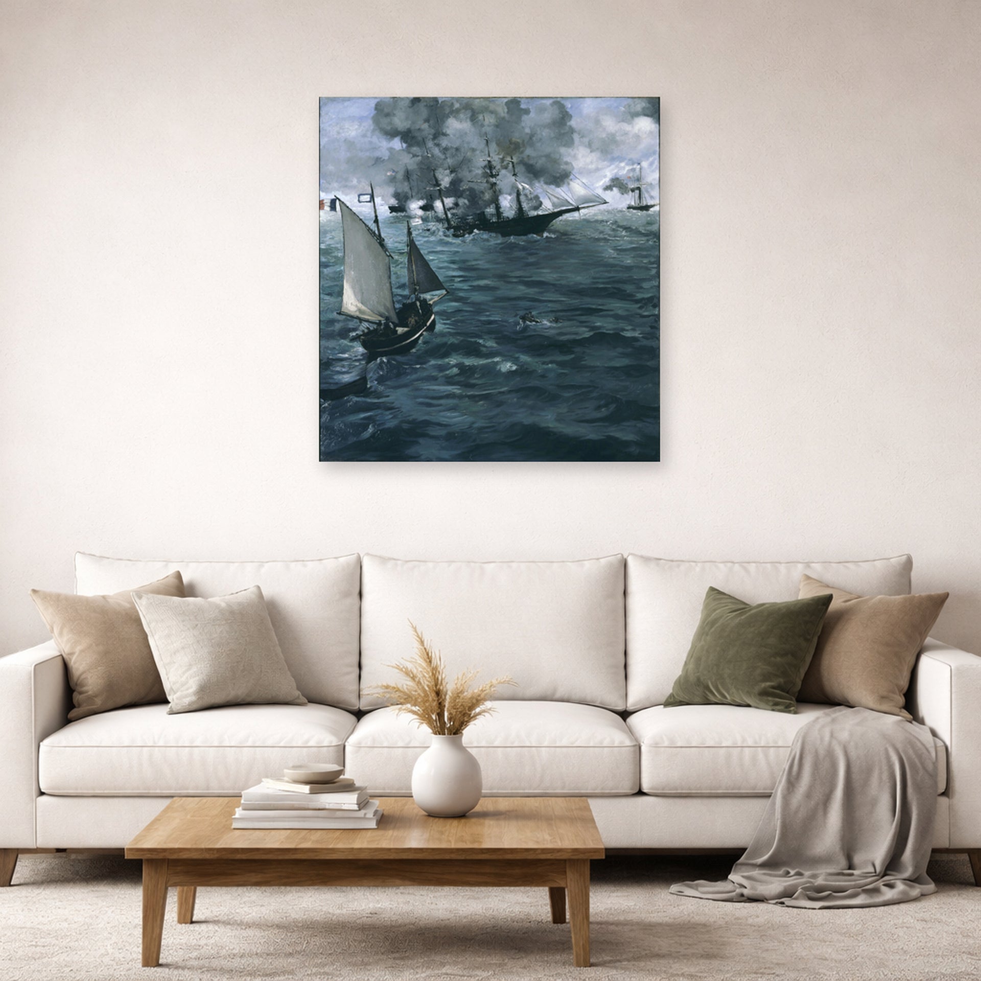 Unframed poster print of Edouard Manet's 'Battle of the Kearsarge and the Alabama' displayed on a wall in a living room