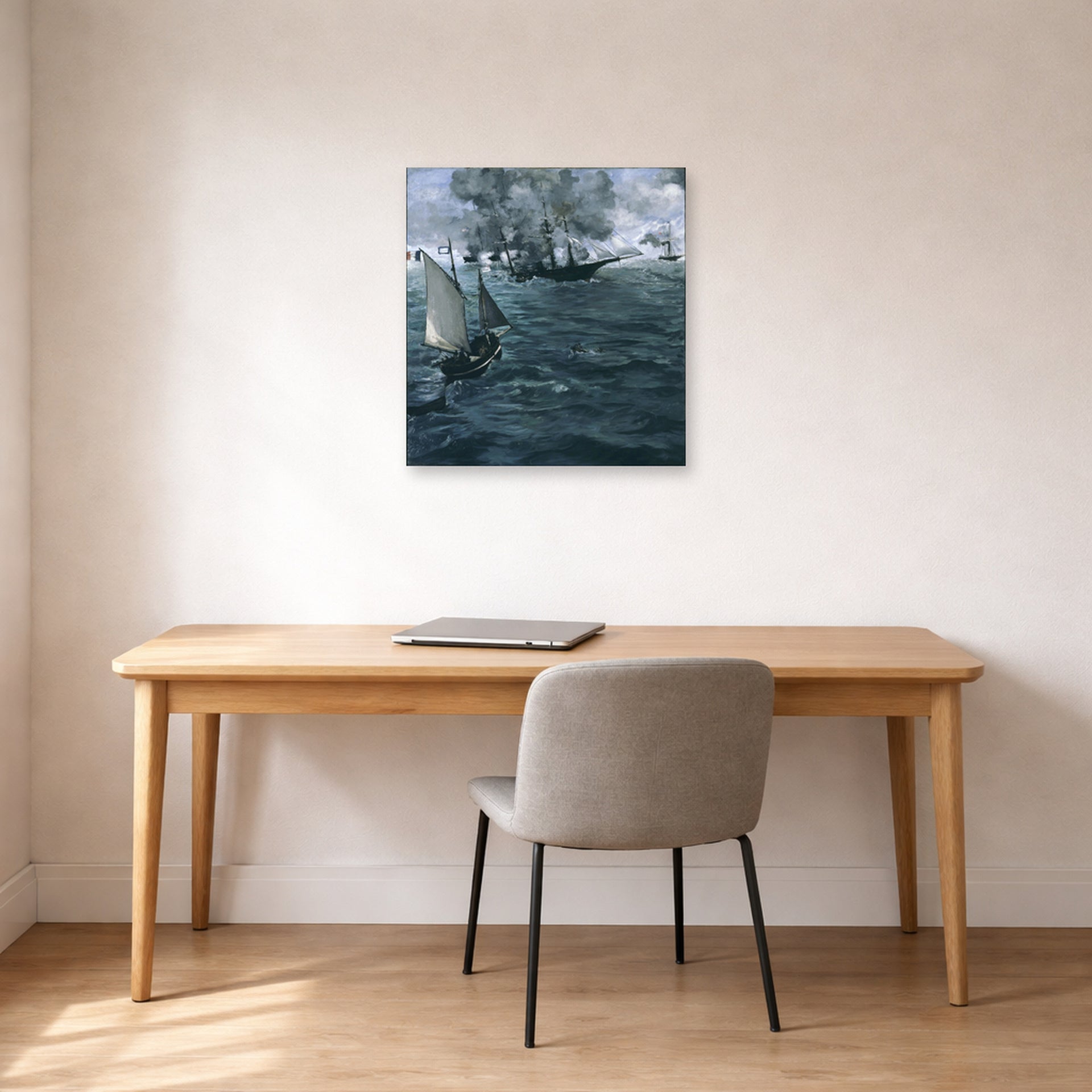Unframed poster print of Edouard Manet's 'Battle of the Kearsarge and the Alabama' displayed on a wall in a home office