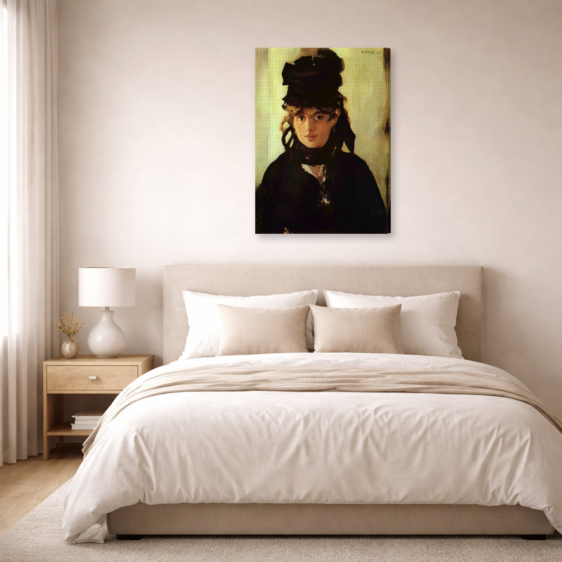 Gallery-wrapped canvas print of Edouard Manet's 'Berthe Morisot' displayed on a wall in a bedroom