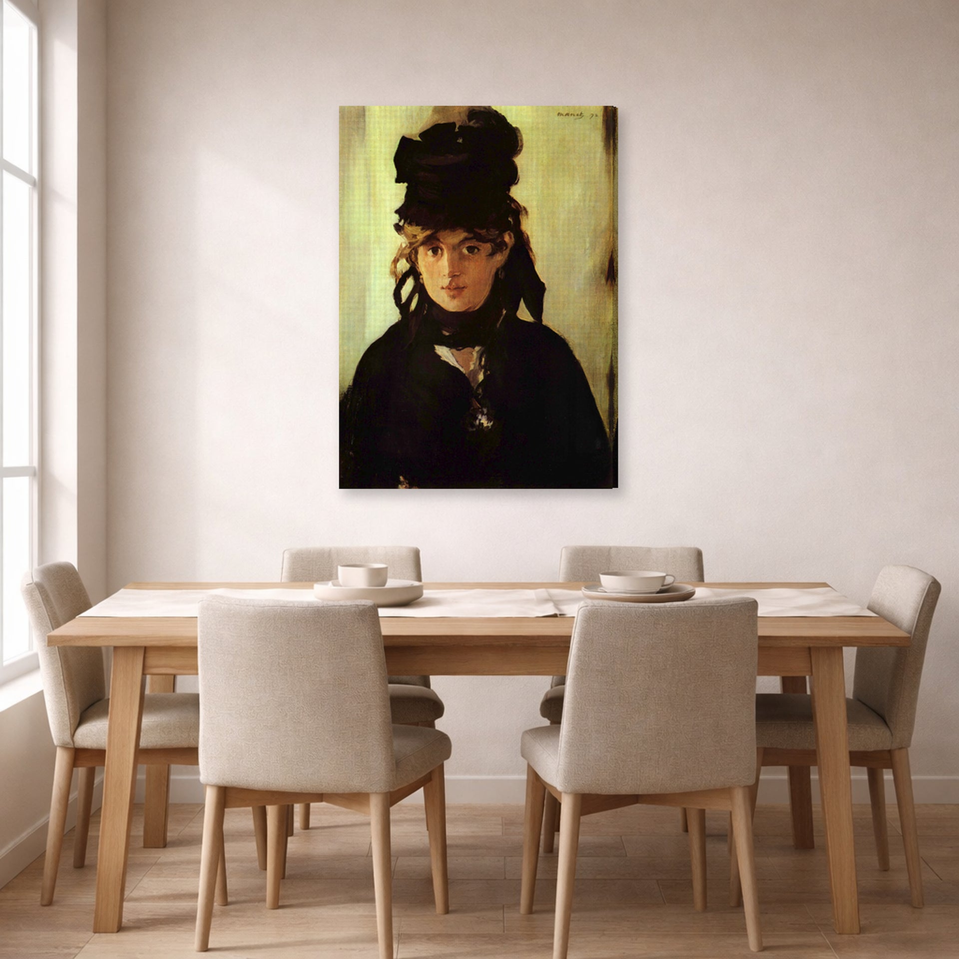 Gallery-wrapped canvas print of Edouard Manet's 'Berthe Morisot' displayed on a wall in a dining room