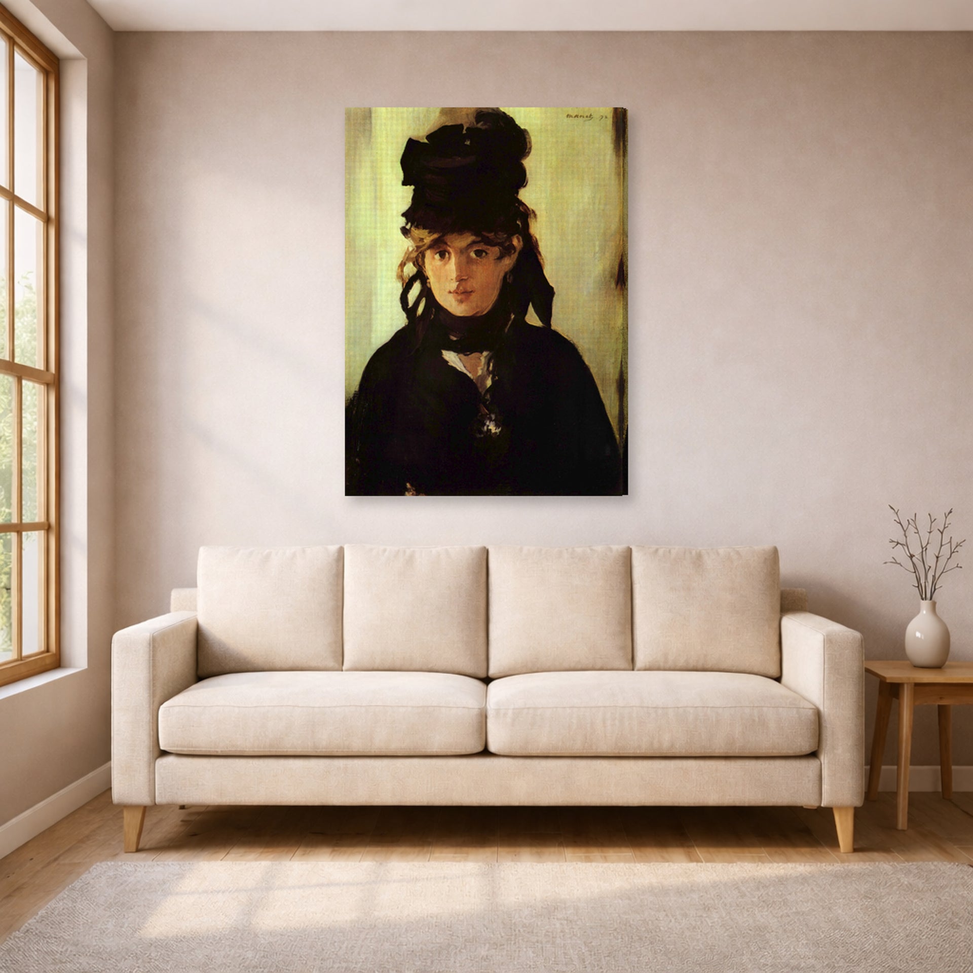 Gallery-wrapped canvas print of Edouard Manet's 'Berthe Morisot' displayed on a wall in a living room