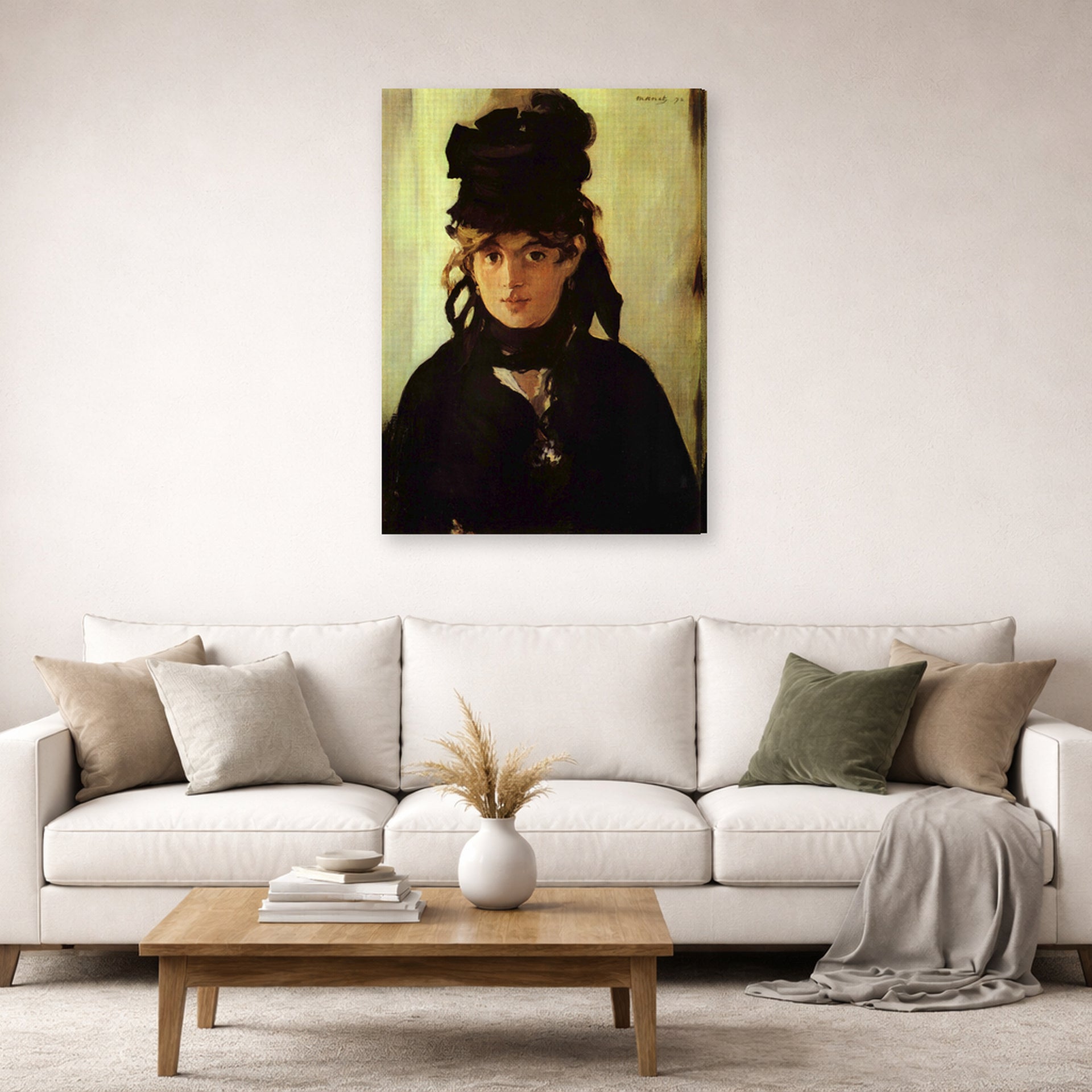Gallery-wrapped canvas print of Edouard Manet's 'Berthe Morisot' displayed on a wall in a living room