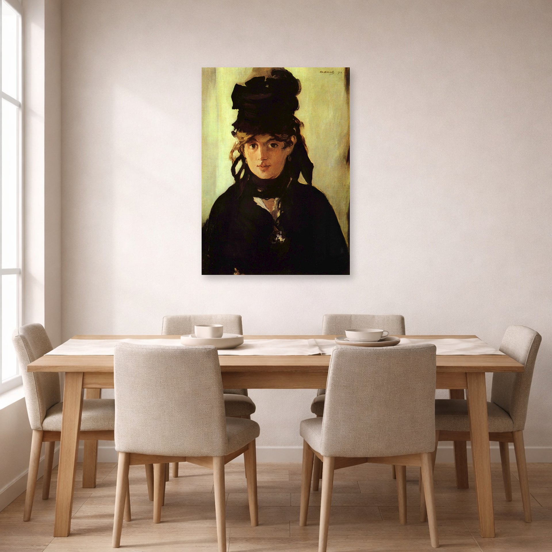 Unframed poster print of Edouard Manet's 'Berthe Morisot' displayed on a wall in a dining room