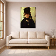Unframed poster print of Edouard Manet's 'Berthe Morisot' displayed on a wall in a living room