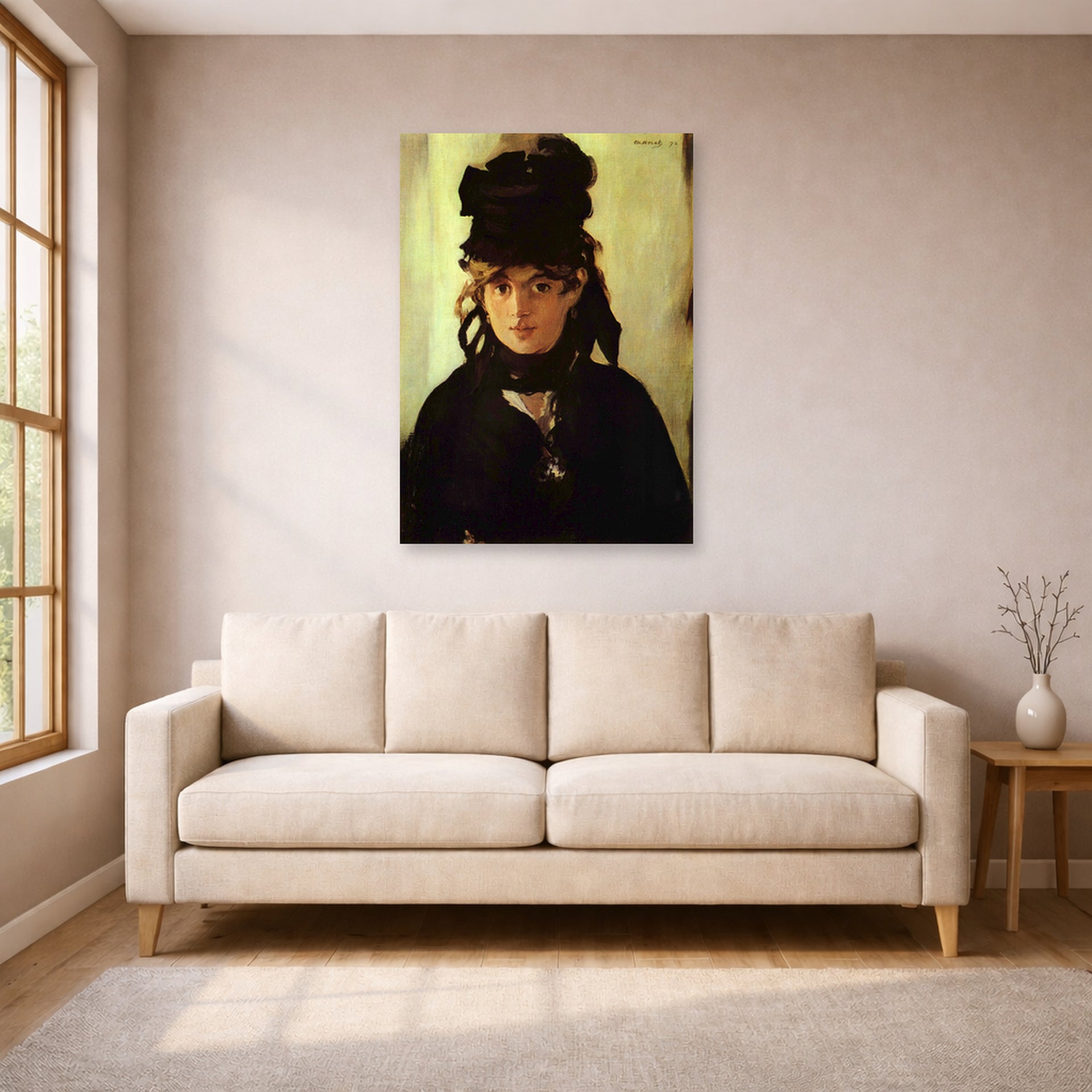 Unframed poster print of Edouard Manet's 'Berthe Morisot' displayed on a wall in a living room