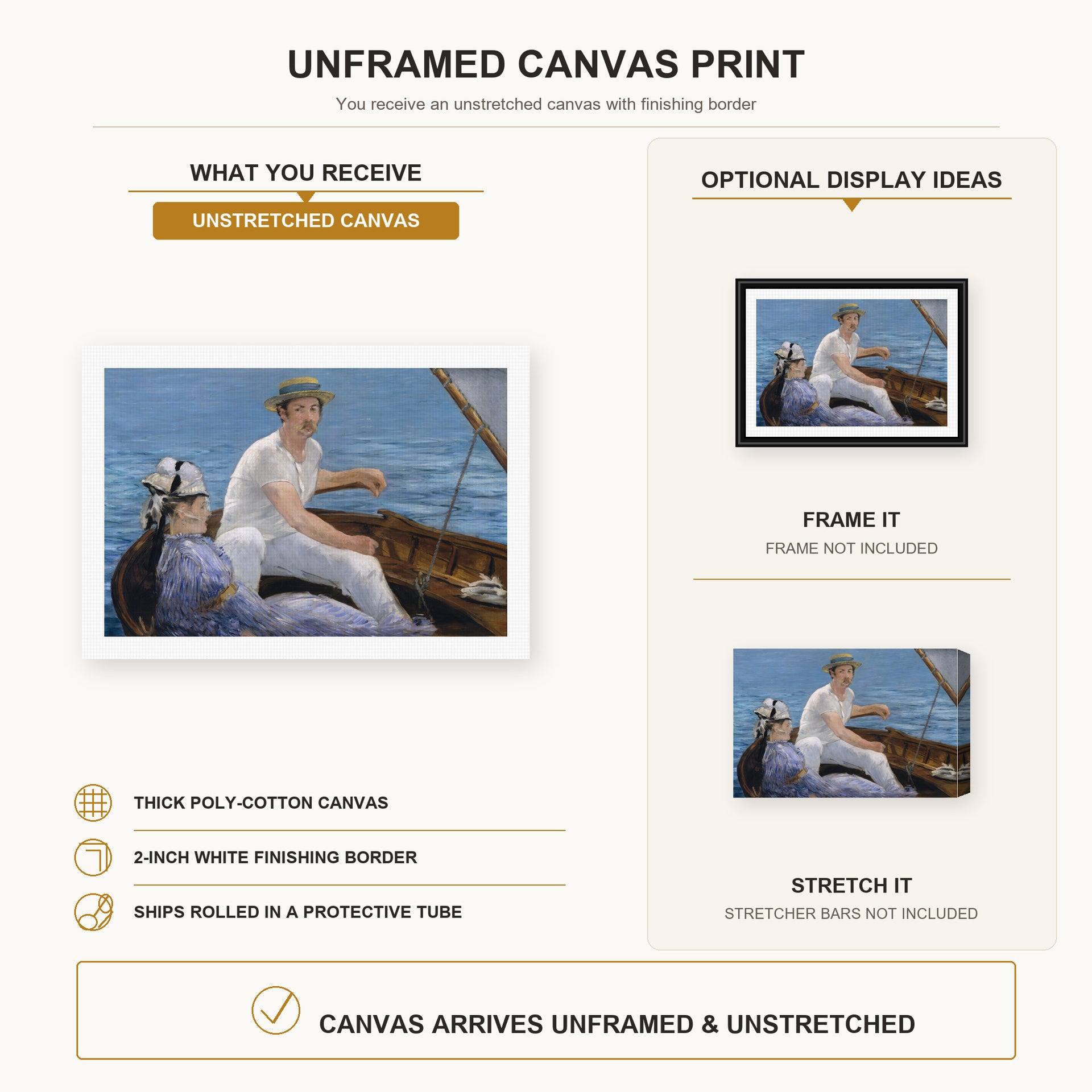 Edouard Manet - Boating, Metropolitan Museum of Art canvas print size comparison and framing display infographic