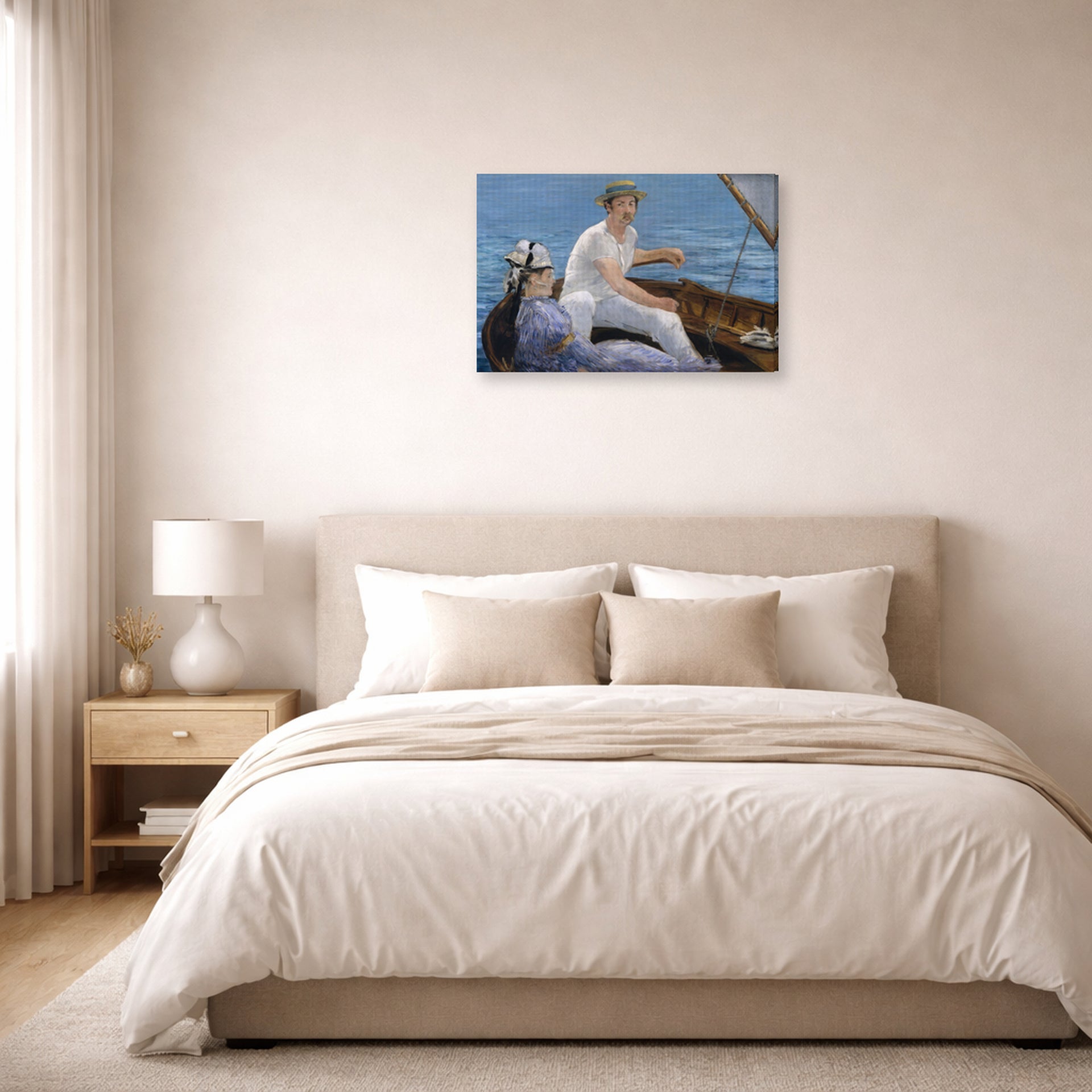 Gallery-wrapped canvas print of Edouard Manet's 'Boating, Metropolitan Museum of Art' displayed on a wall in a bedroom