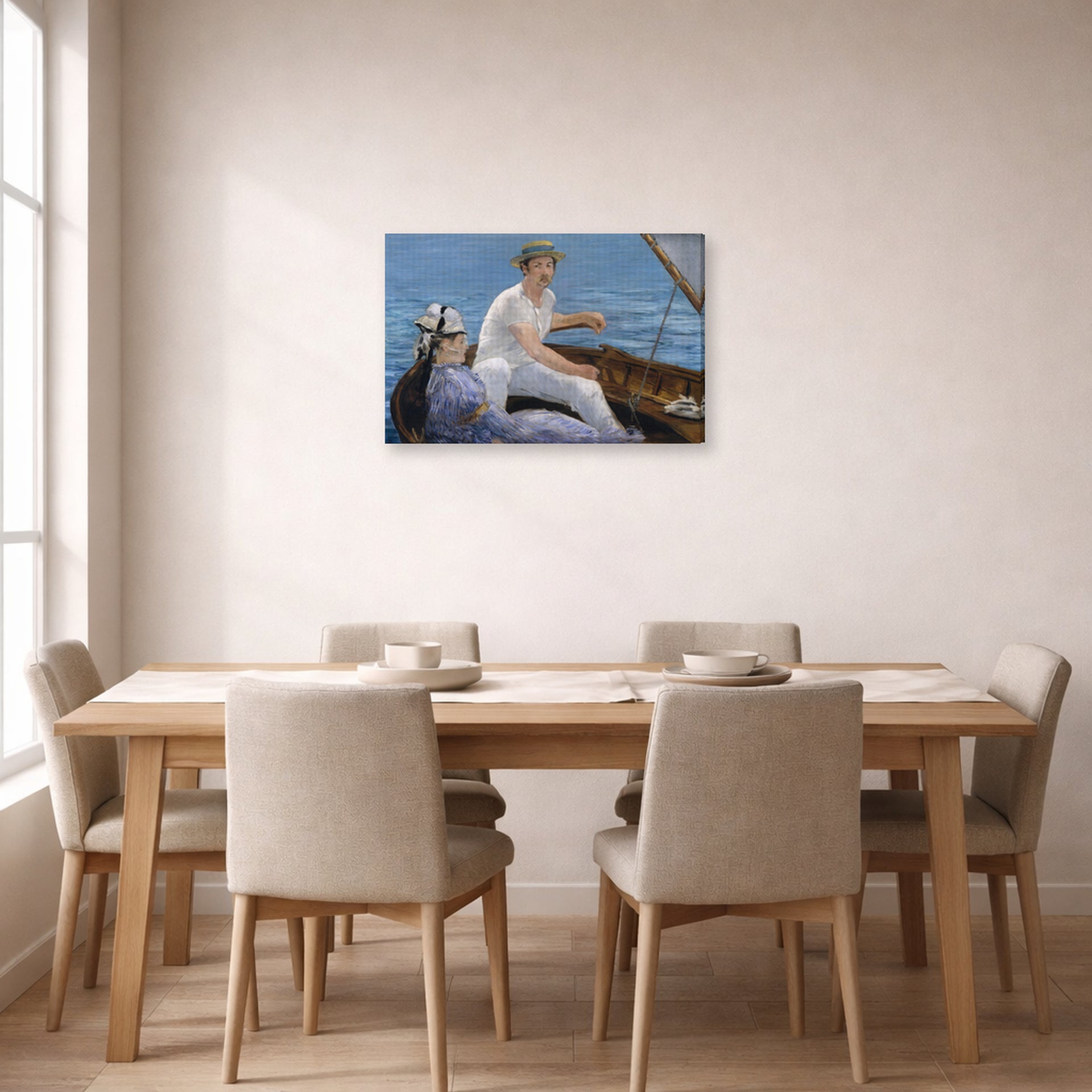 Gallery-wrapped canvas print of Edouard Manet's 'Boating, Metropolitan Museum of Art' displayed on a wall in a dining room