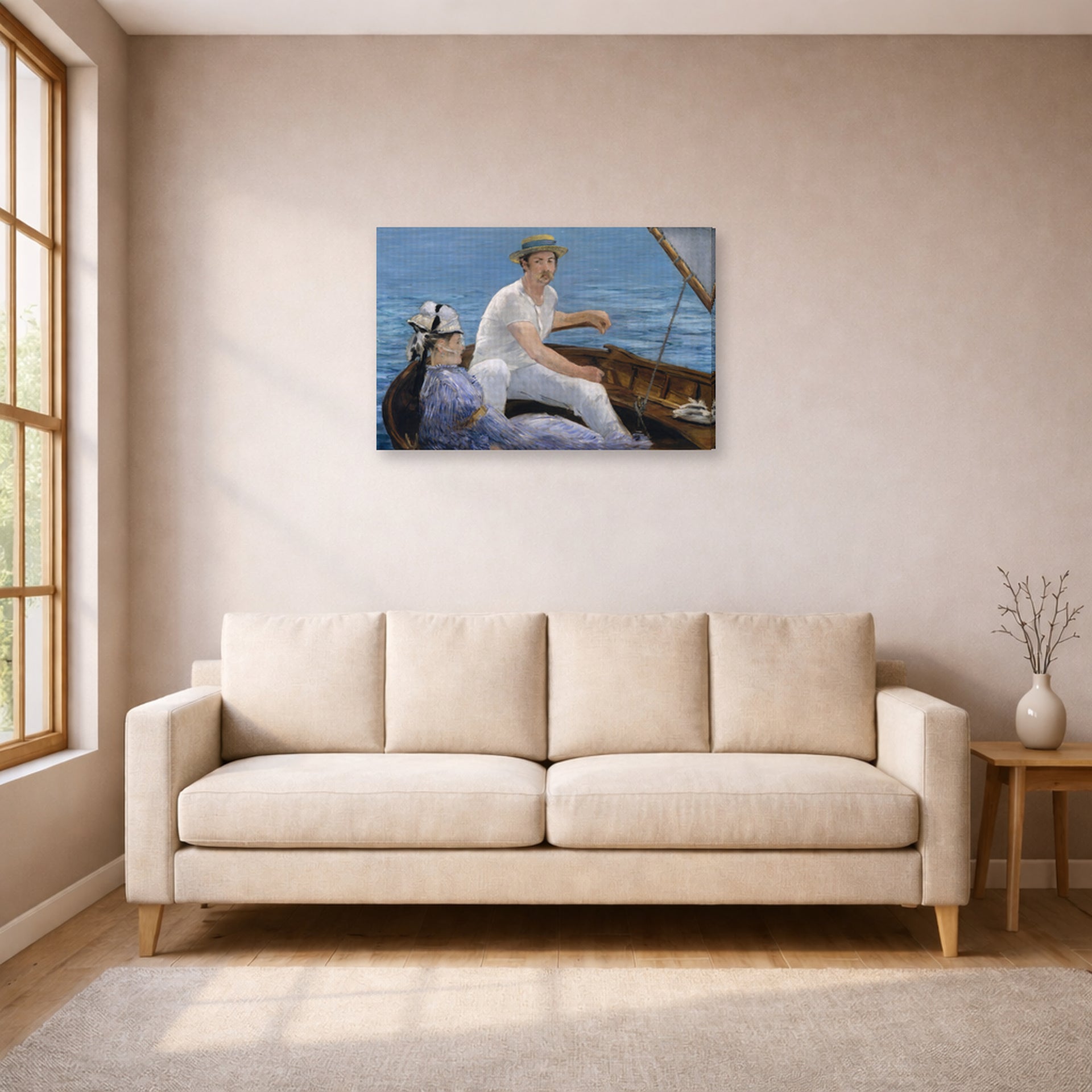 Gallery-wrapped canvas print of Edouard Manet's 'Boating, Metropolitan Museum of Art' displayed on a wall in a living room