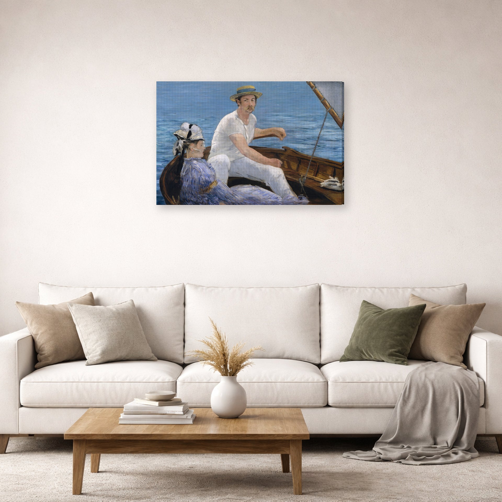 Gallery-wrapped canvas print of Edouard Manet's 'Boating, Metropolitan Museum of Art' displayed on a wall in a living room