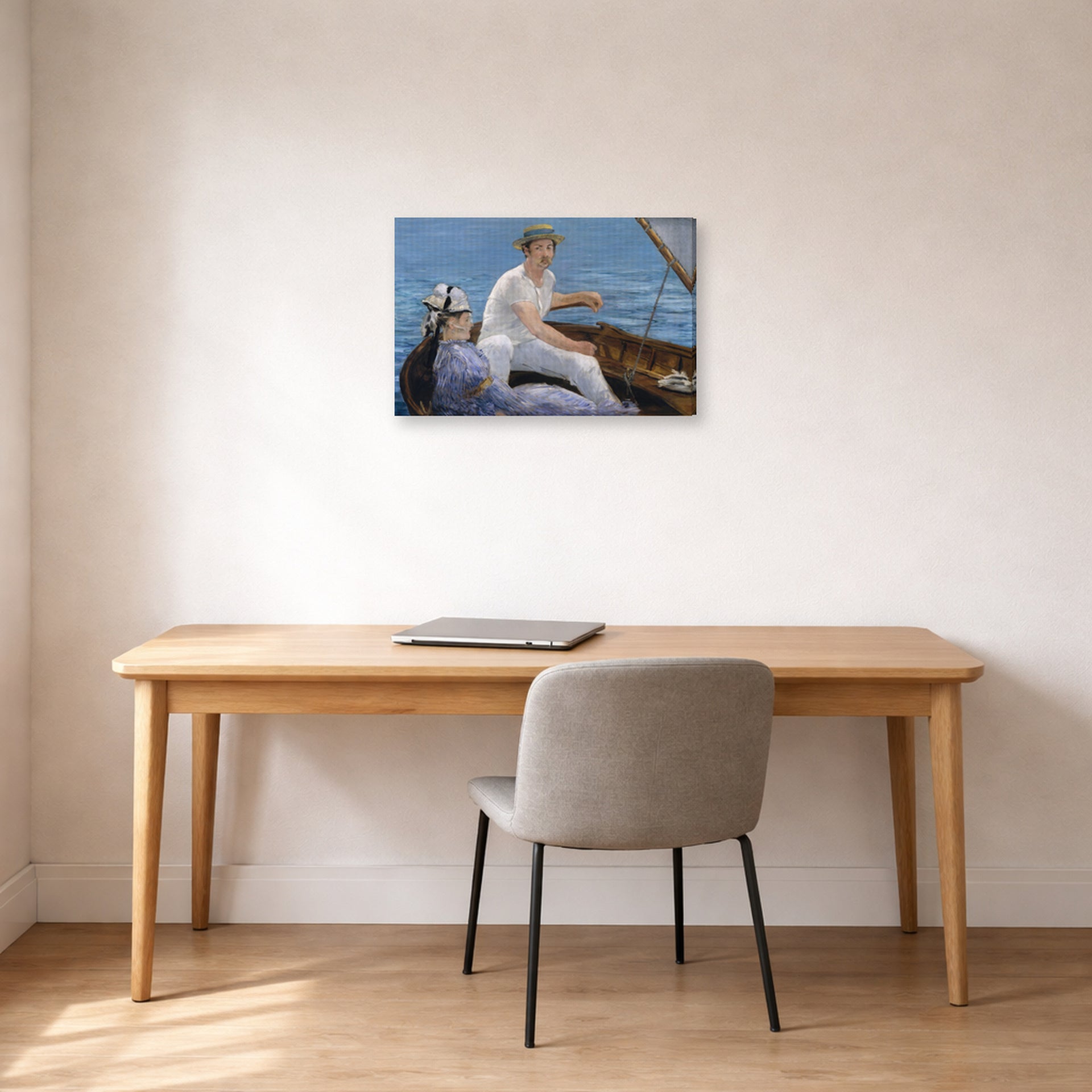 Gallery-wrapped canvas print of Edouard Manet's 'Boating, Metropolitan Museum of Art' displayed on a wall in a home office